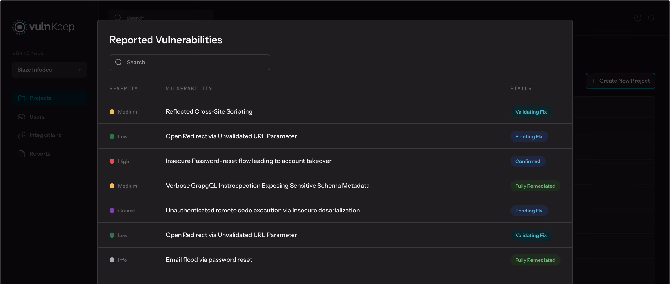 Dashboard listing reported vulnerabilities with severity levels, vulnerability names, and fixing status.
