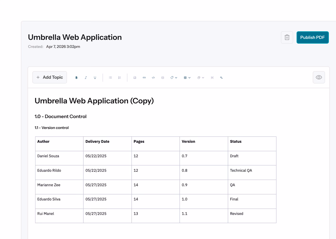 Document titled Umbrella Web Application with version control table listing authors, dates, pages, versions, and status.