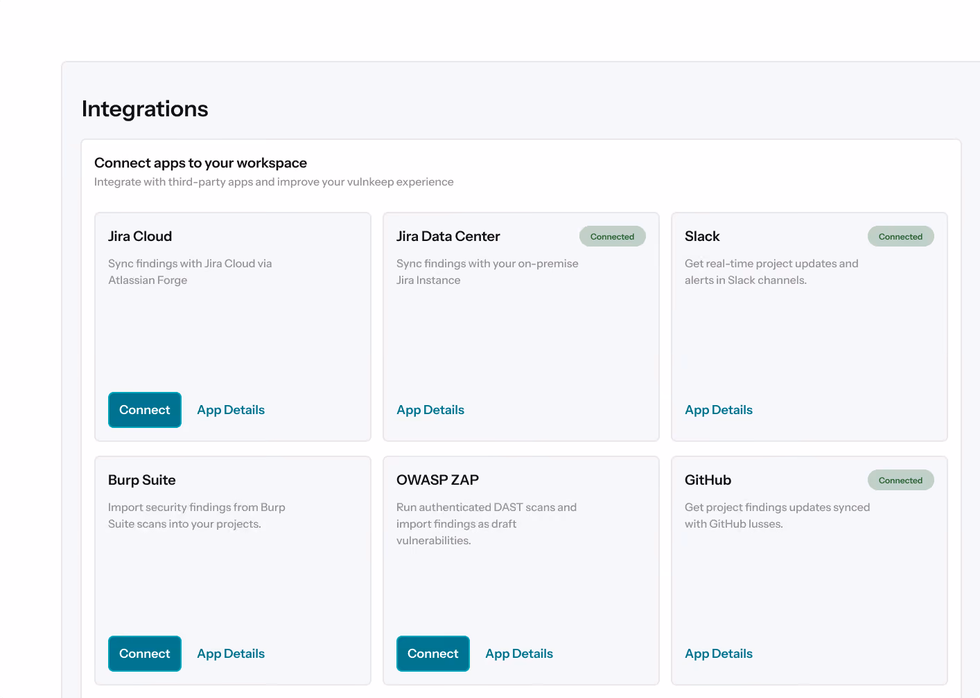 Workspace integration options showing connect buttons and connected status for Jira Data Center, Slack, and GitHub.