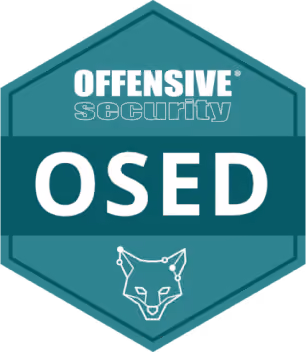 Offensive Security OSED badge with a fox head icon on a teal hexagonal background.