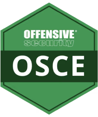 Green hexagon badge with the text Offensive Security OSCE in white and light green font.
