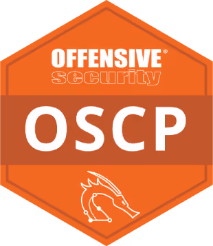 Orange hexagonal badge with white text Offensive Security OSCP and a stylized dragon head.
