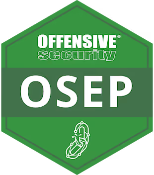 Green hexagonal badge with Offensive Security logo and acronym OSEP in white letters.