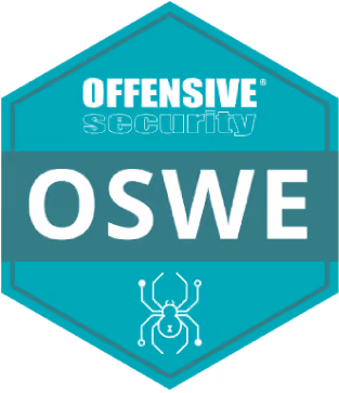 Offensive Security OSWE badge with a spider icon below the text on a teal hexagonal background.