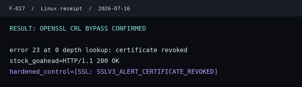 CRL experiment: selected lines from the July 16 Linux receipt