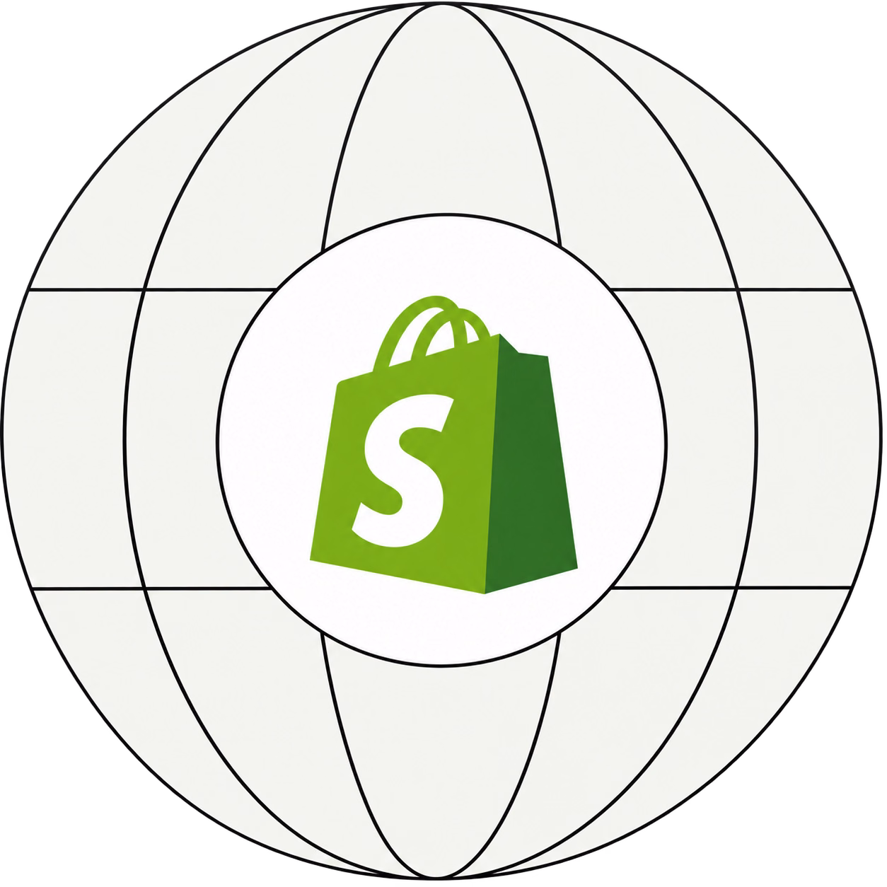 Shopify shopping bag logo centered in a wireframe globe