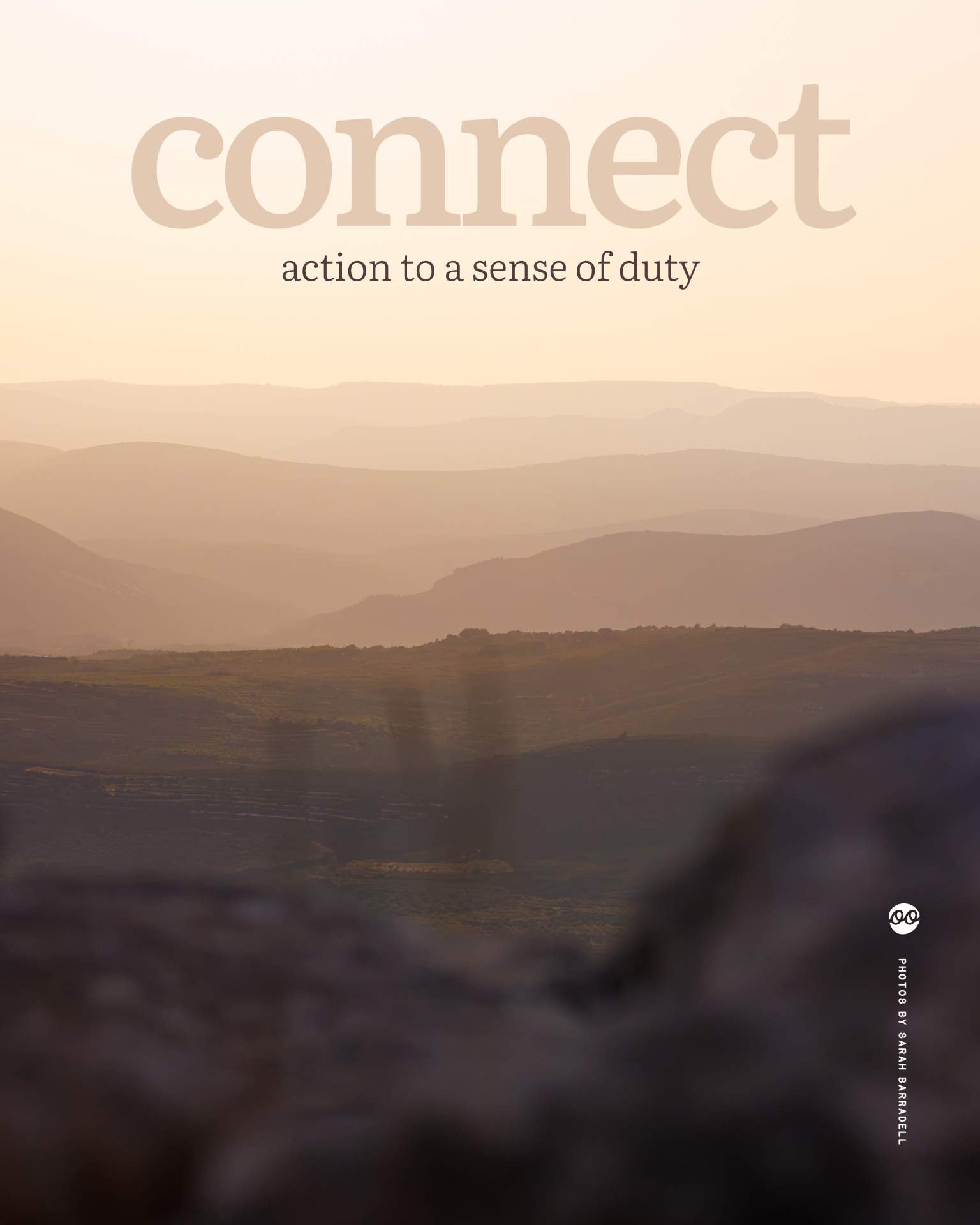 Warm, hazy landscape of layered hills at sunset, overlaid with the words âconnect action to a sense of dutyâ.