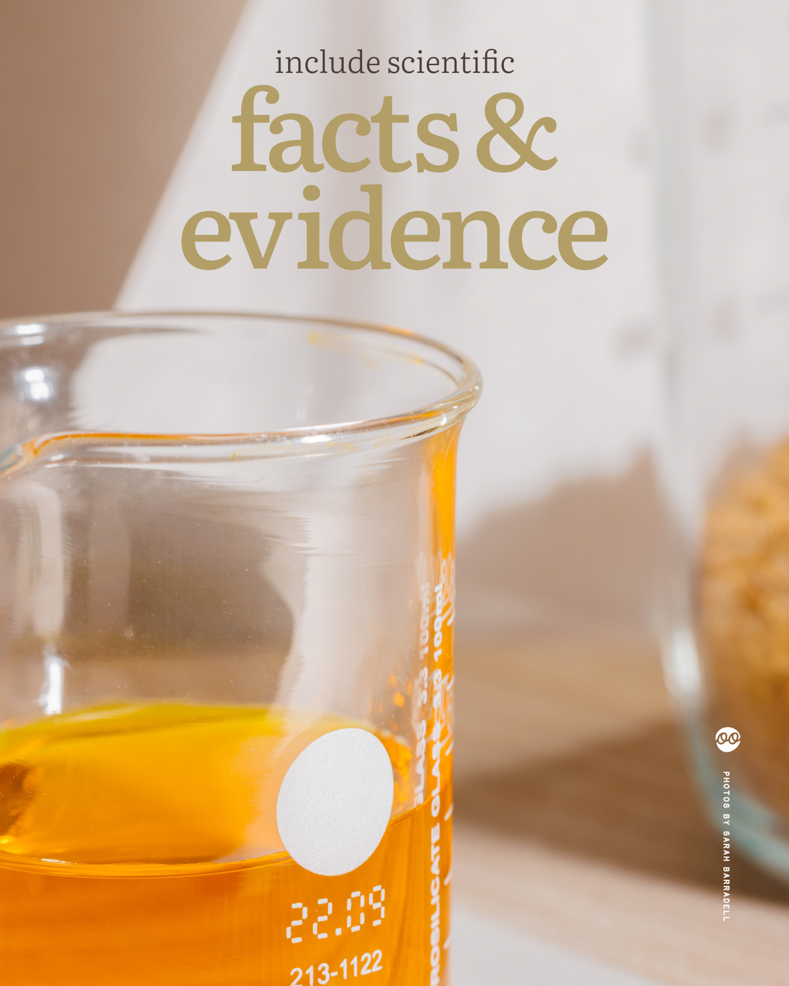 Close-up of a glass beaker containing bright orange liquid in a lab setting, overlaid with the words “include scientific facts & evidence”.