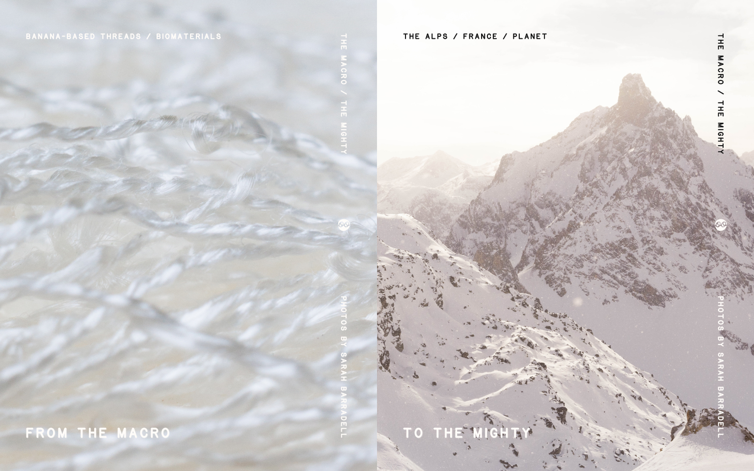 Close-up of banana-based biomaterial threads beside the snow-covered French Alps, linking tiny material innovations to the mighty landscapes and wider systems they can help protect.