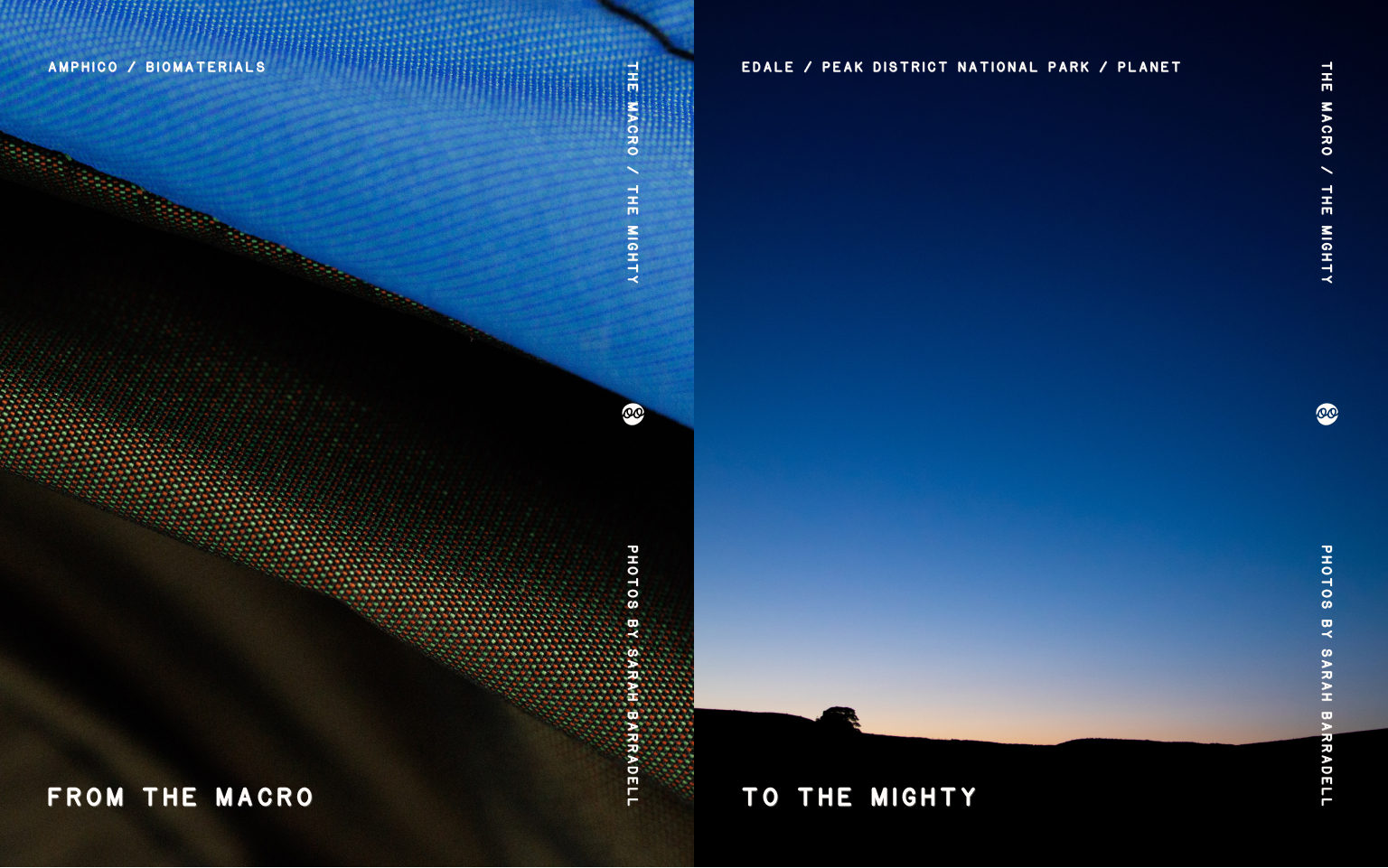 Close-up of Amphico biomaterial fabric beside the twilight landscape of Edale in the Peak District, connecting innovative materials with the mighty landscapes they’re designed to help protect.