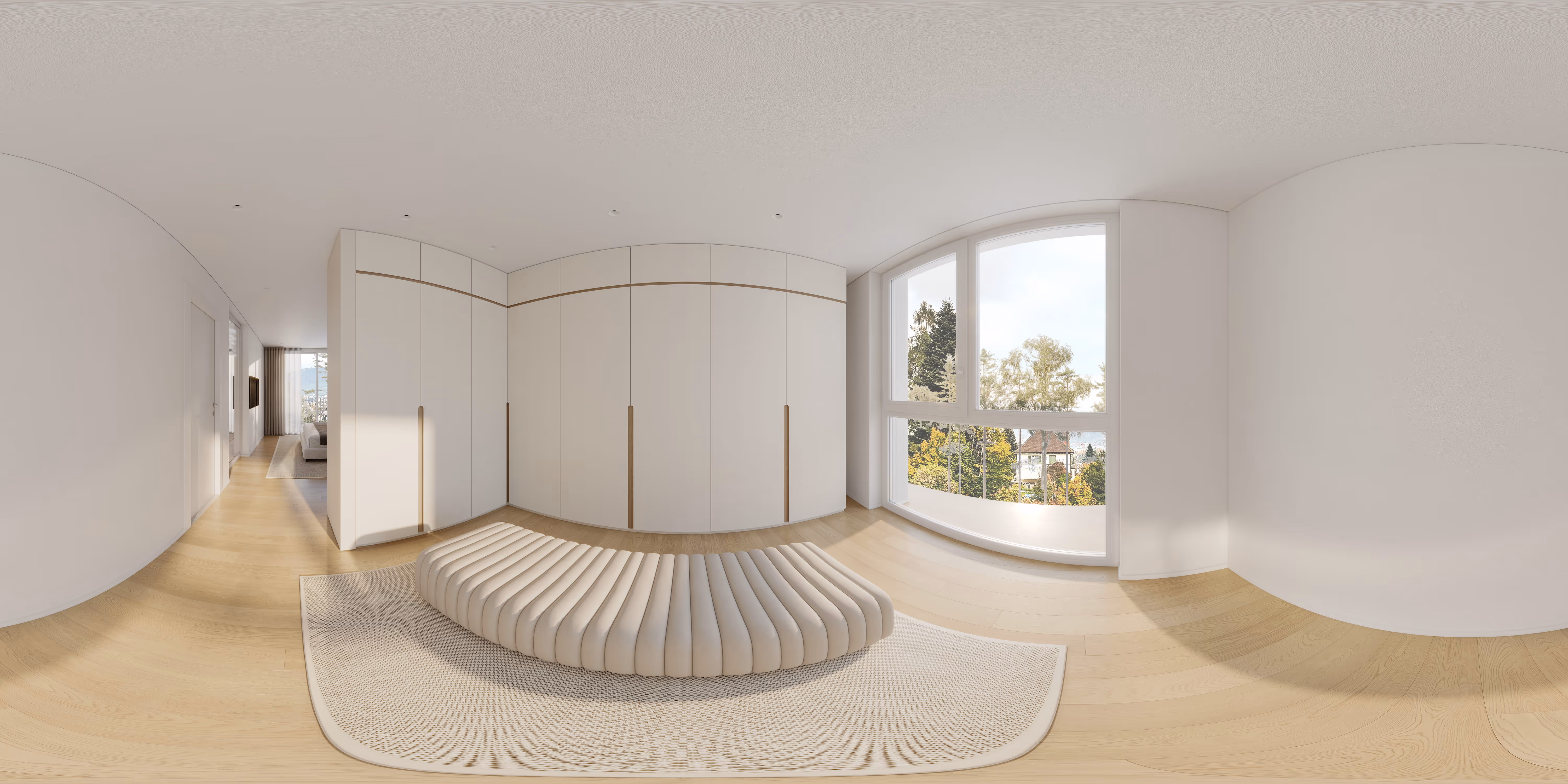 360-degree panorama of the dressing room with built-in wardrobes, upholstered bench and a large garden-facing window
