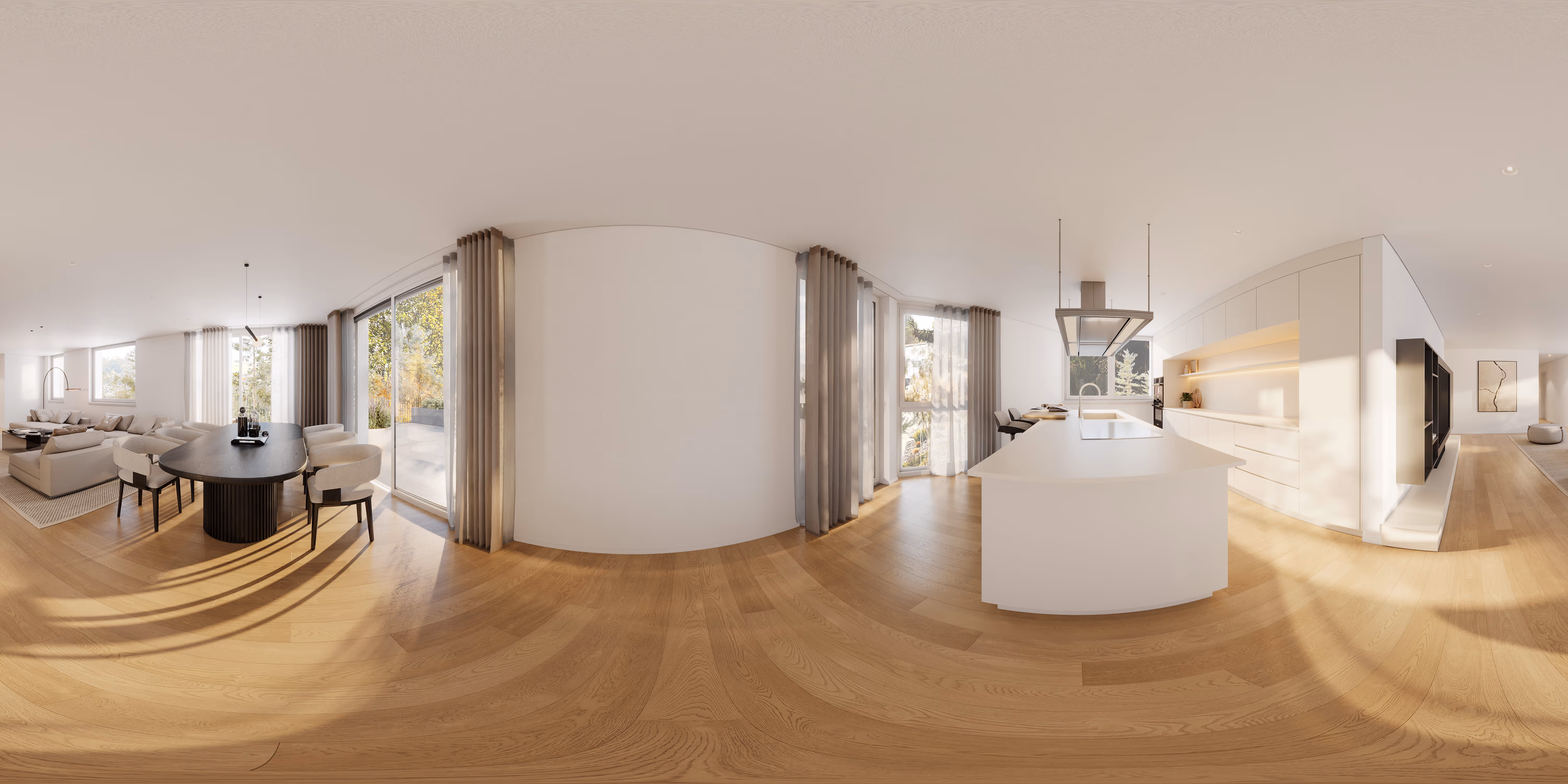 360-degree panorama of the open-plan kitchen with a central island, adjoining dining area and oak flooring