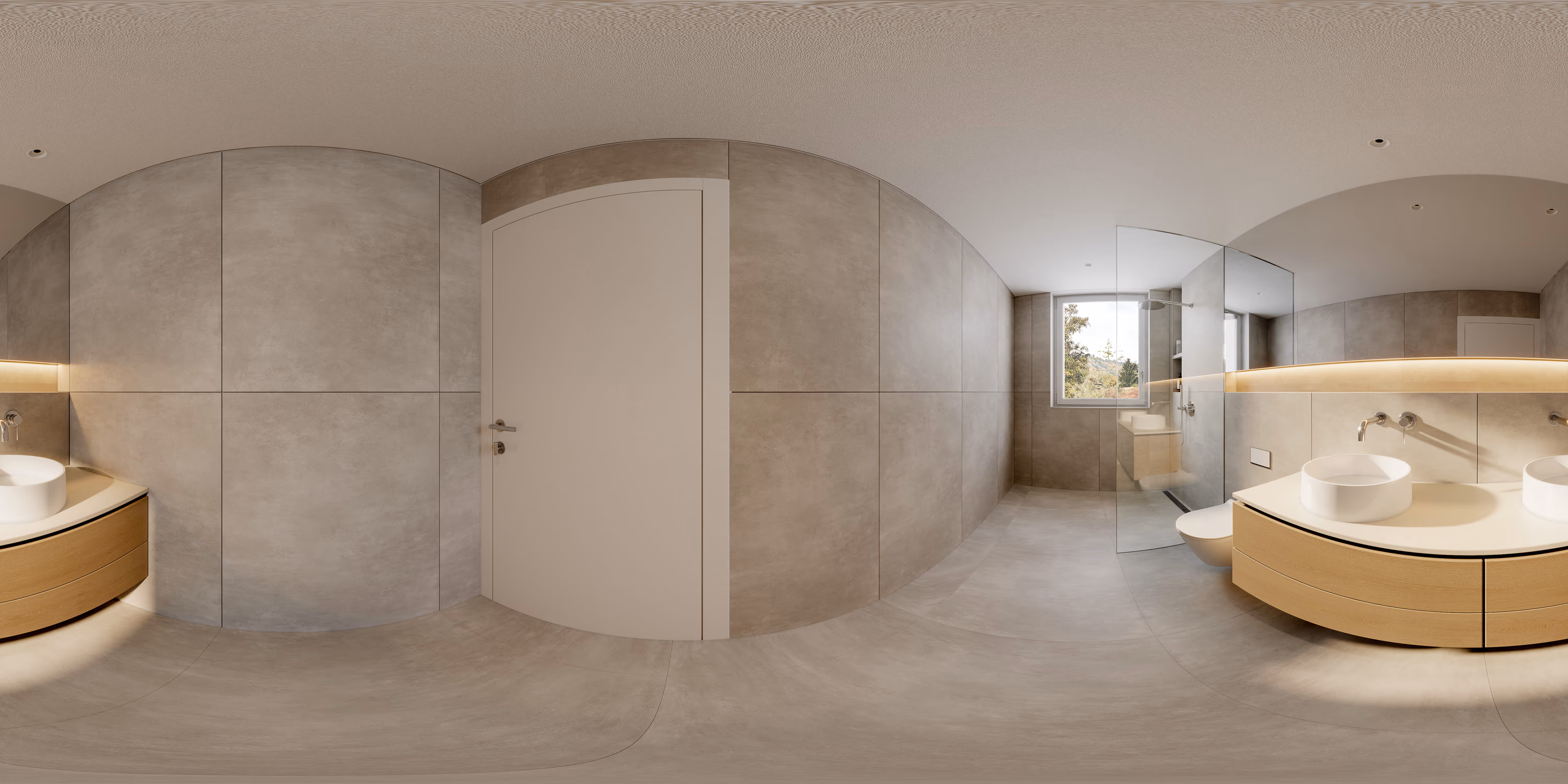 360-degree panorama of the bathroom with twin vanities, walk-in glass shower and tiled walls