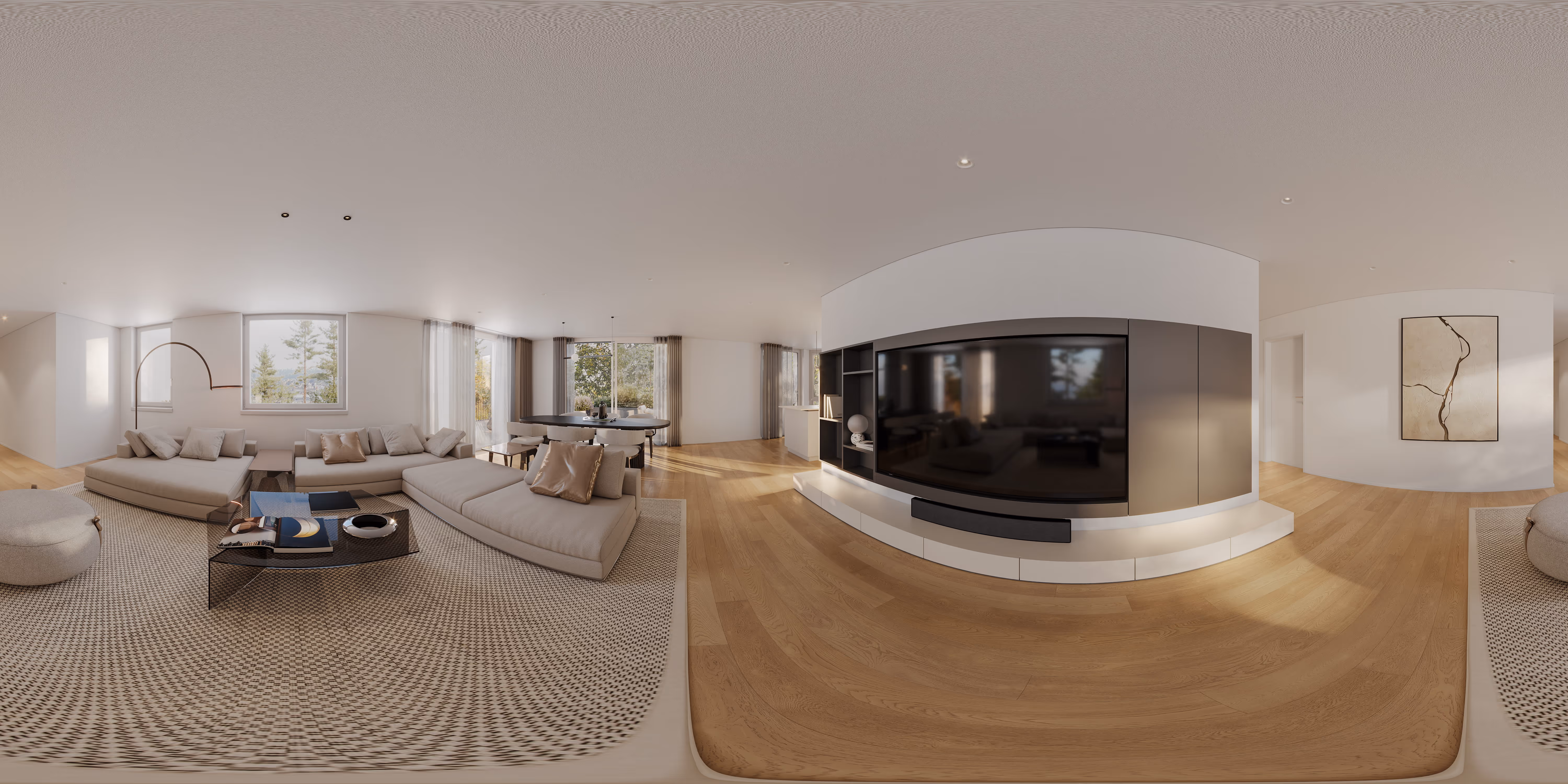 360-degree panorama of the living room with open-plan layout, large sofa, mounted TV and oak flooring