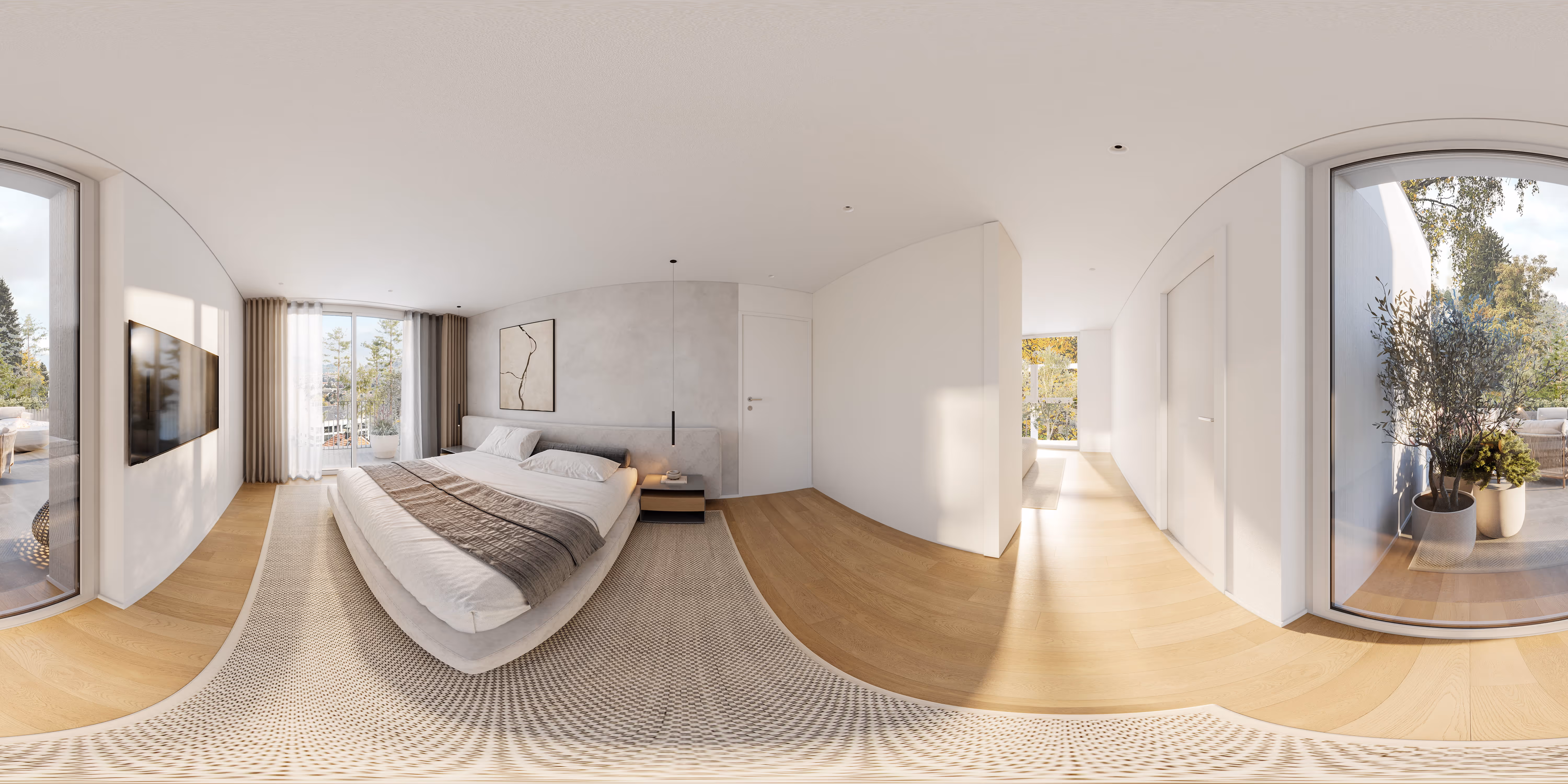 360-degree panorama of the bedroom with double bed, balcony access and large windows letting in natural light