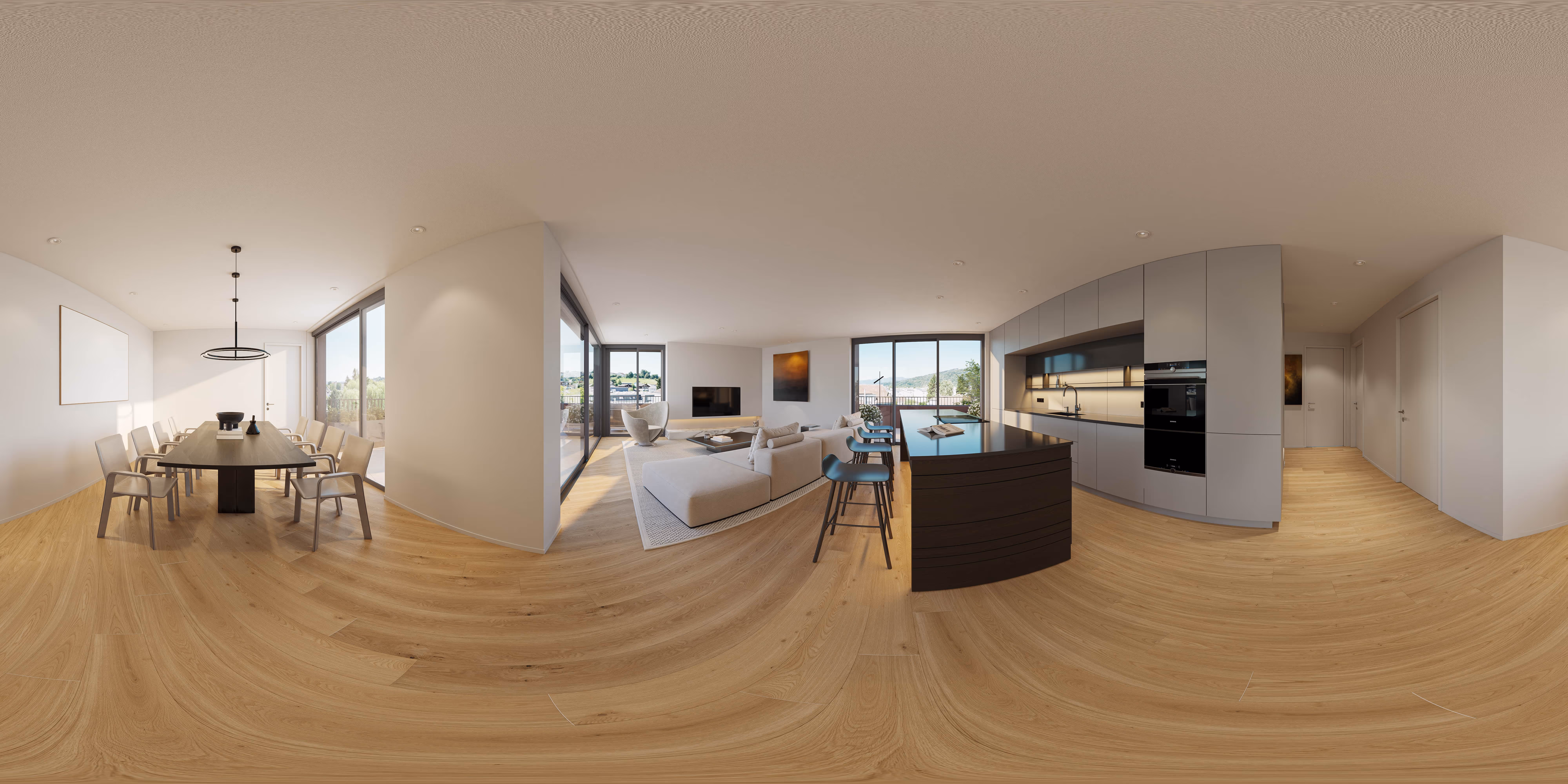 Niedrig aufgelöstes 360-Panorama einer offenen Wohnung mit Wohn-, Ess- und Küchenbereichen sowie Holzboden