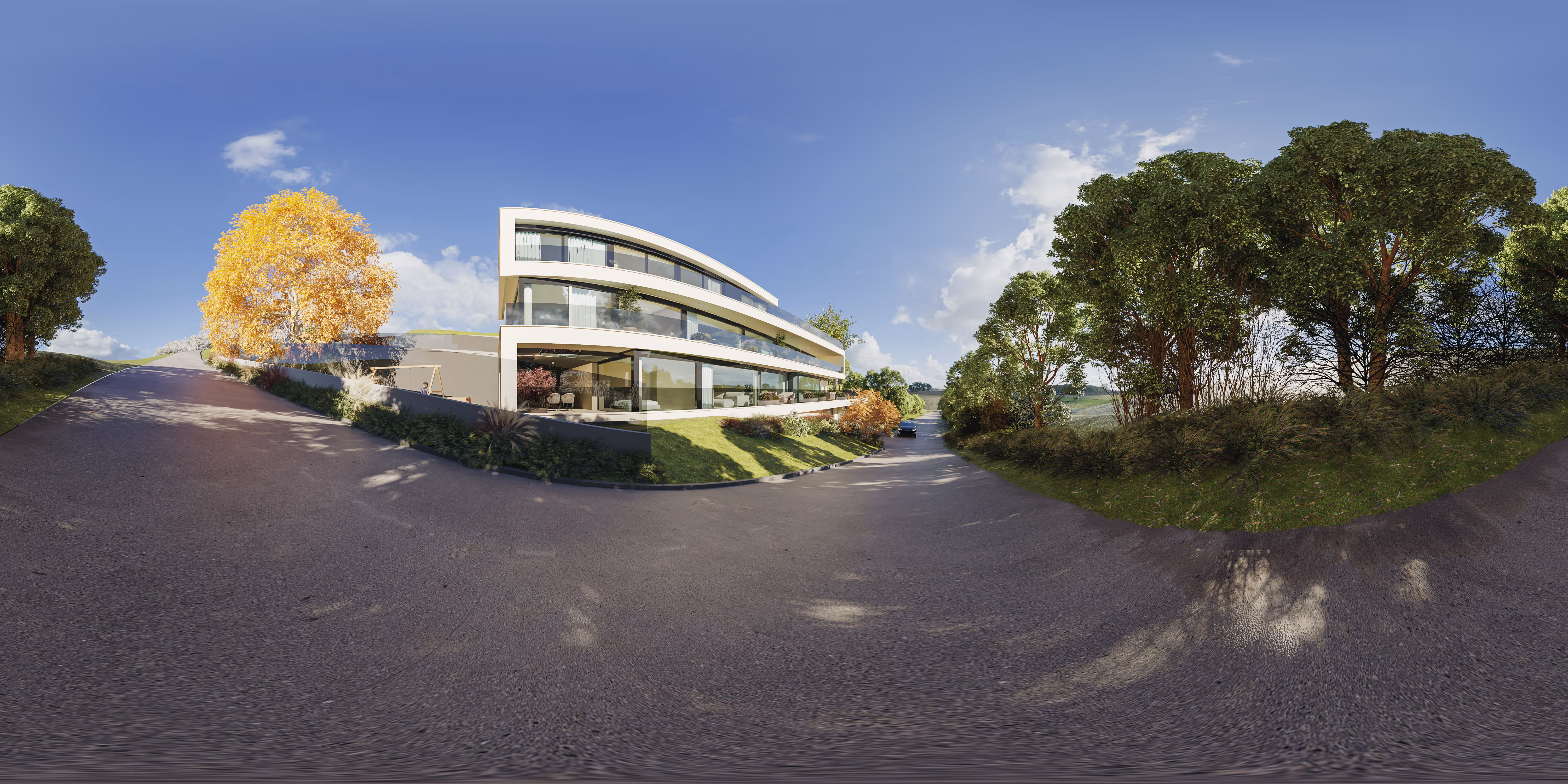 360°-Panorama eines geschwungenen weißen modernen Wohnhauses mit Auffahrt, Rasen und Herbstbäumen