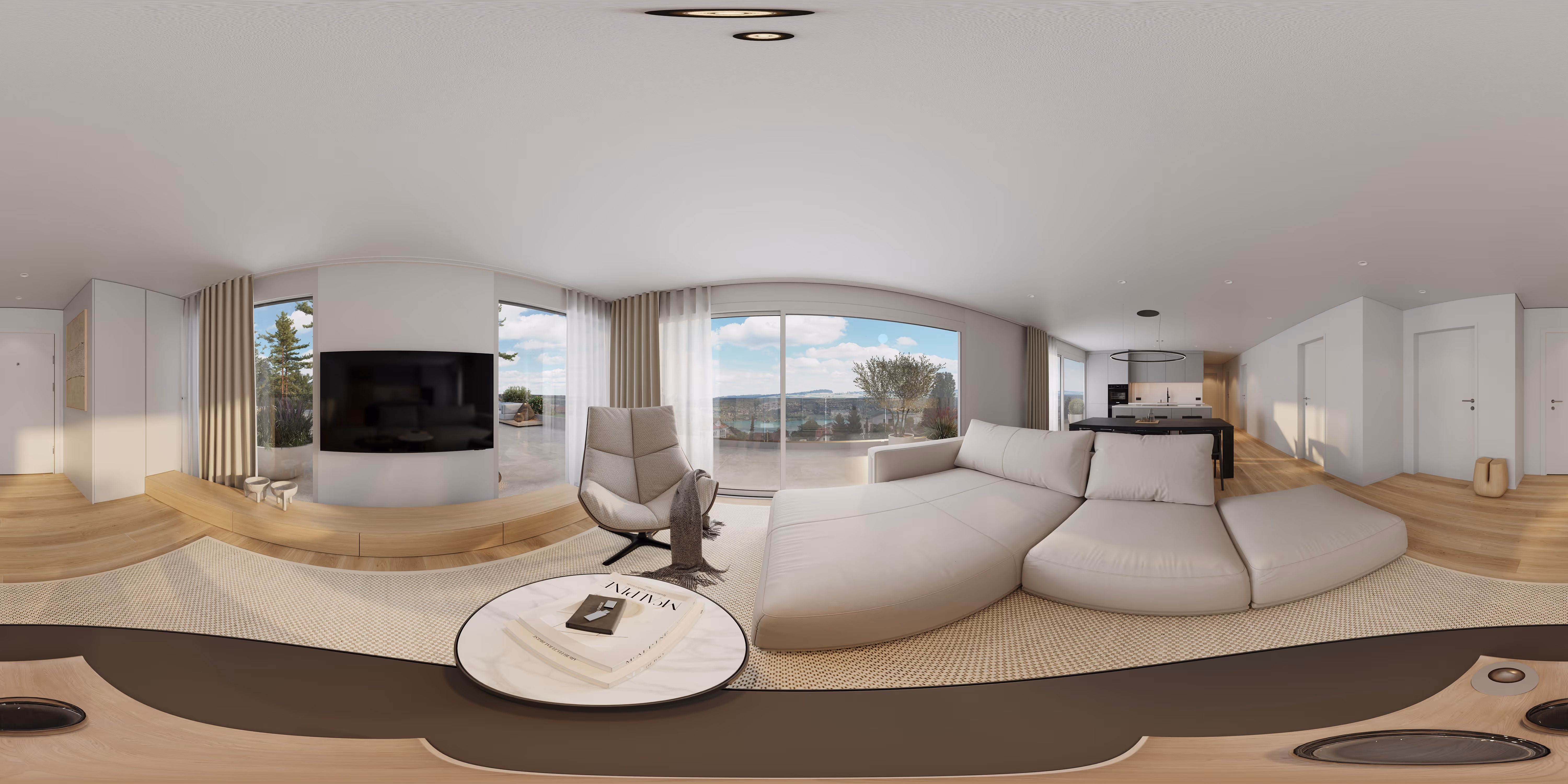 360°-Panorama eines Wohnzimmers mit Sofa, Sessel, TV und großen Fenstern zur Landschaft
