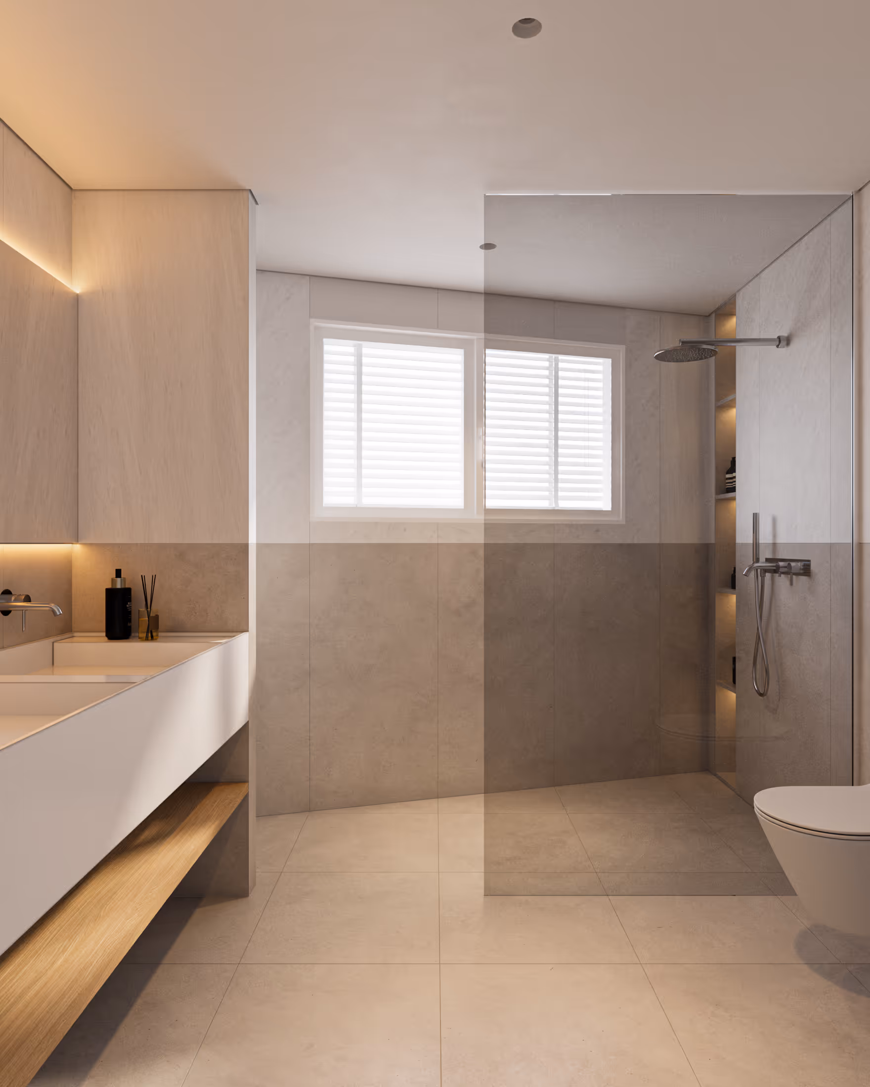Badezimmer im ersten Stock mit weißem Doppelwaschtisch, Eichenregal, ebenerdiger Glasdusche und Steinfliesenwänden
