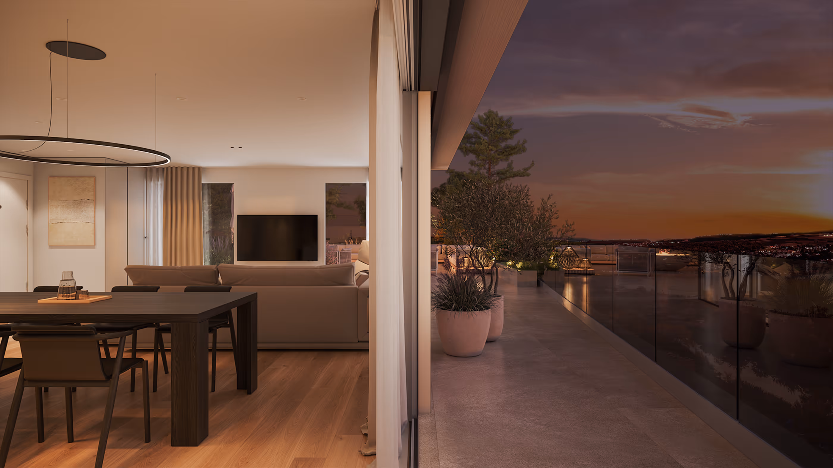 Dachgeschosswohnung mit offenem Wohn- und Essbereich in der Abenddämmerung, der auf eine umlaufende Terrasse mit Glasbalustrade und Sonnenuntergangshimmel führt