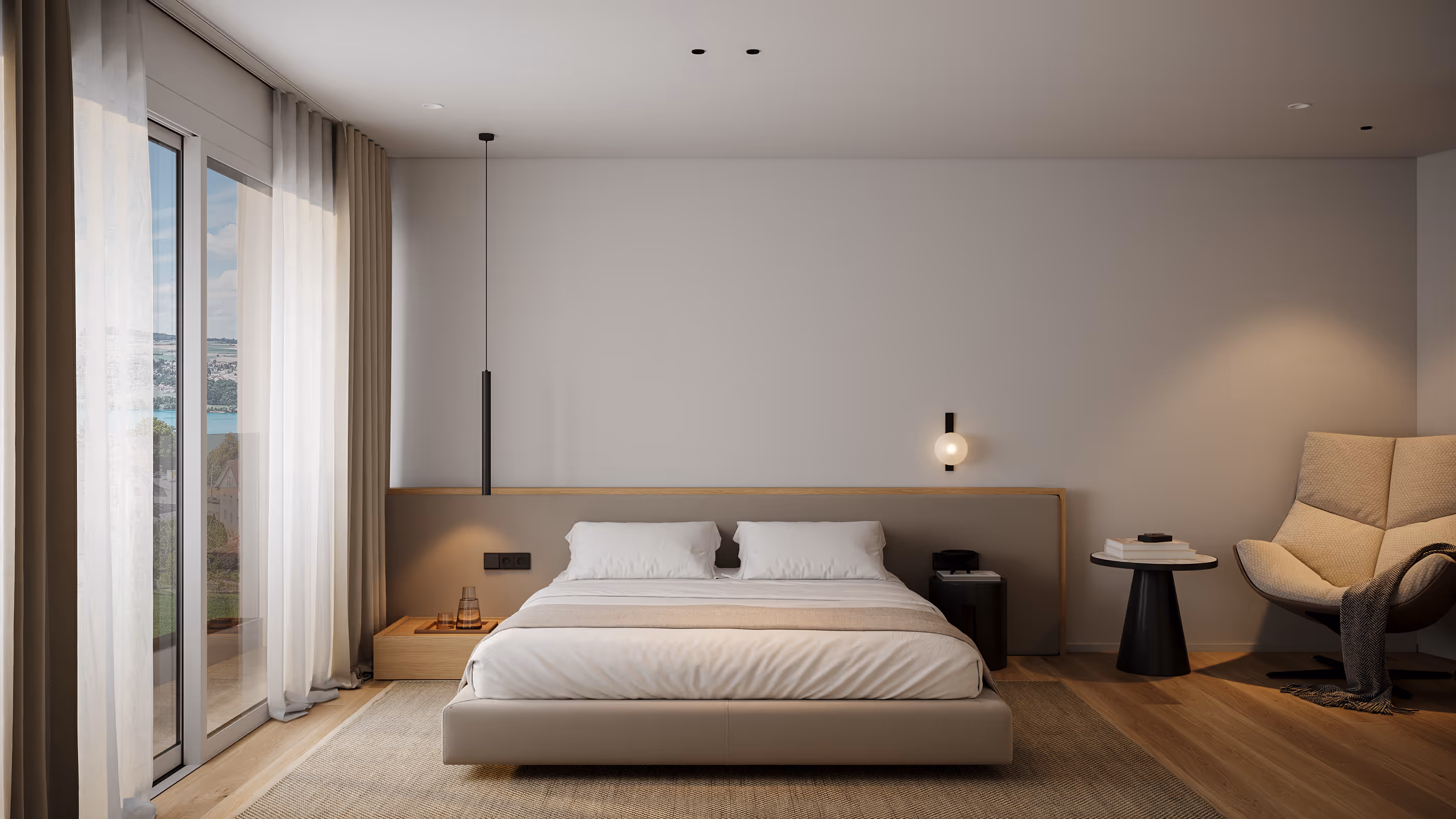 Minimalistisches Dachgeschoss-Apartment: Schlafzimmer mit Doppelbett, gepolstertem Sessel und Glasschiebetüren, die zu einem privaten Balkon führen