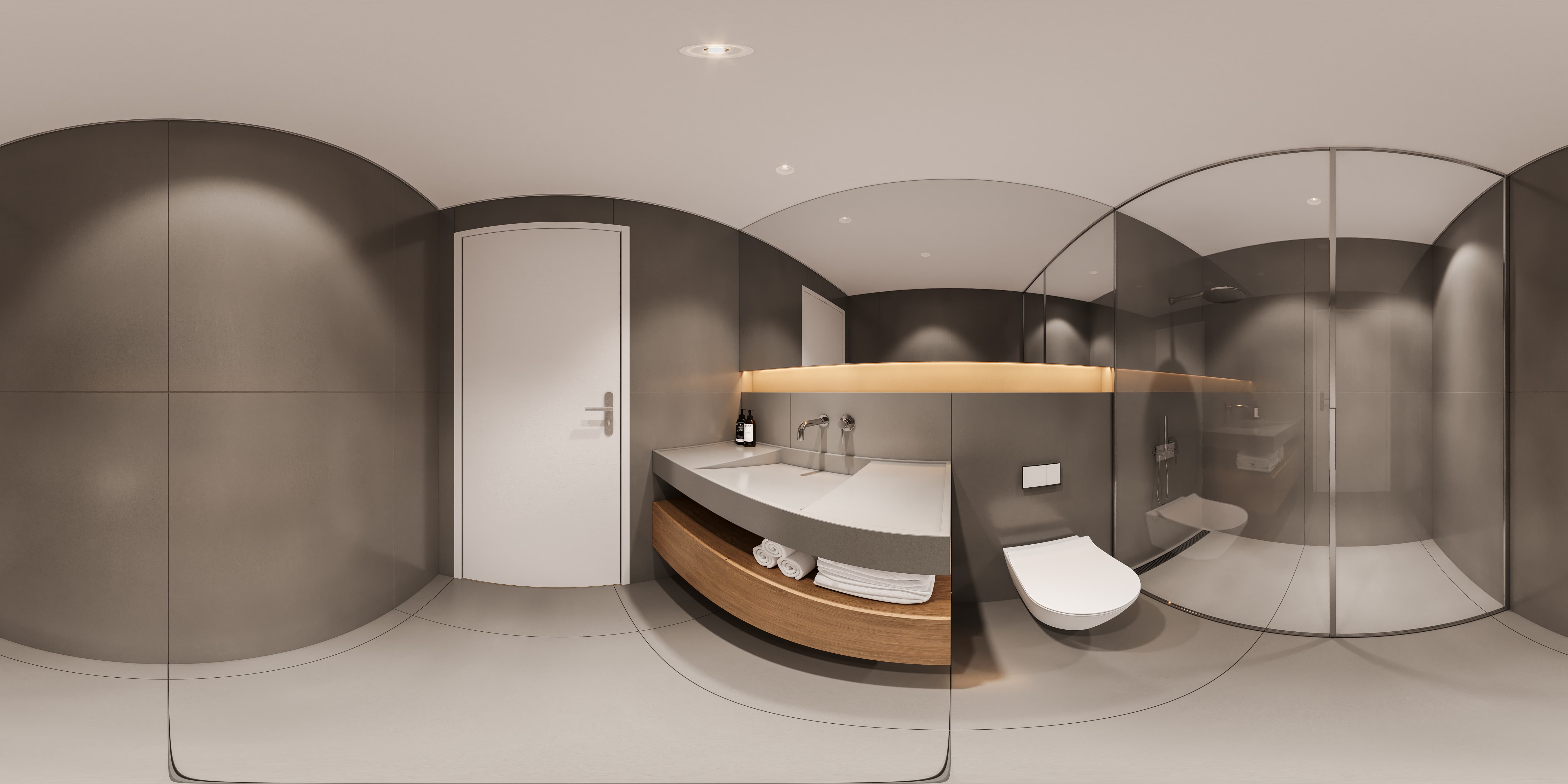 Modern bathroom with gray walls, floating sink, wooden shelf with towels, wall-mounted toilet, and glass shower.
