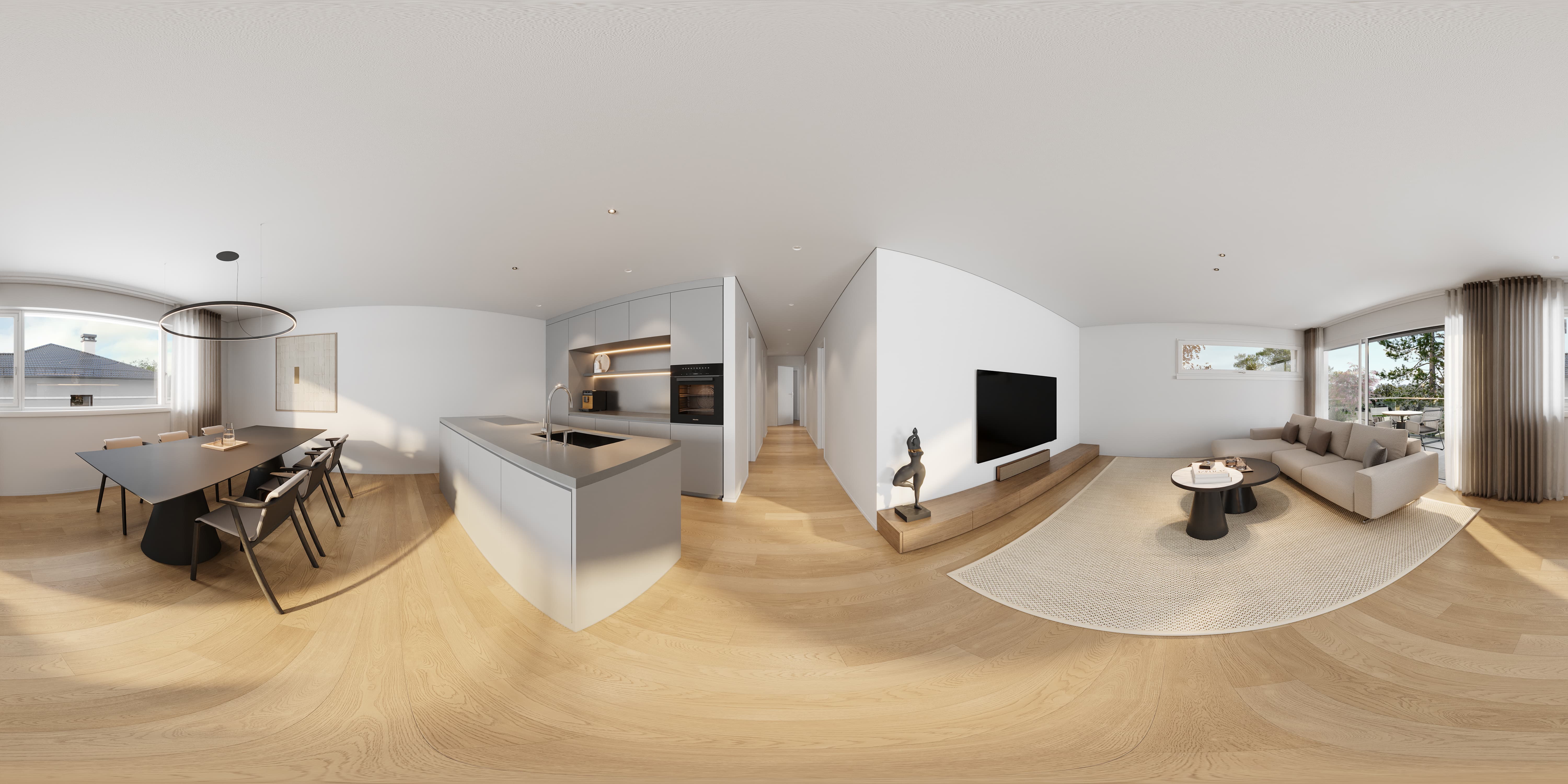Modern open-plan living space with dining table, kitchen island, and sofa near large windows.