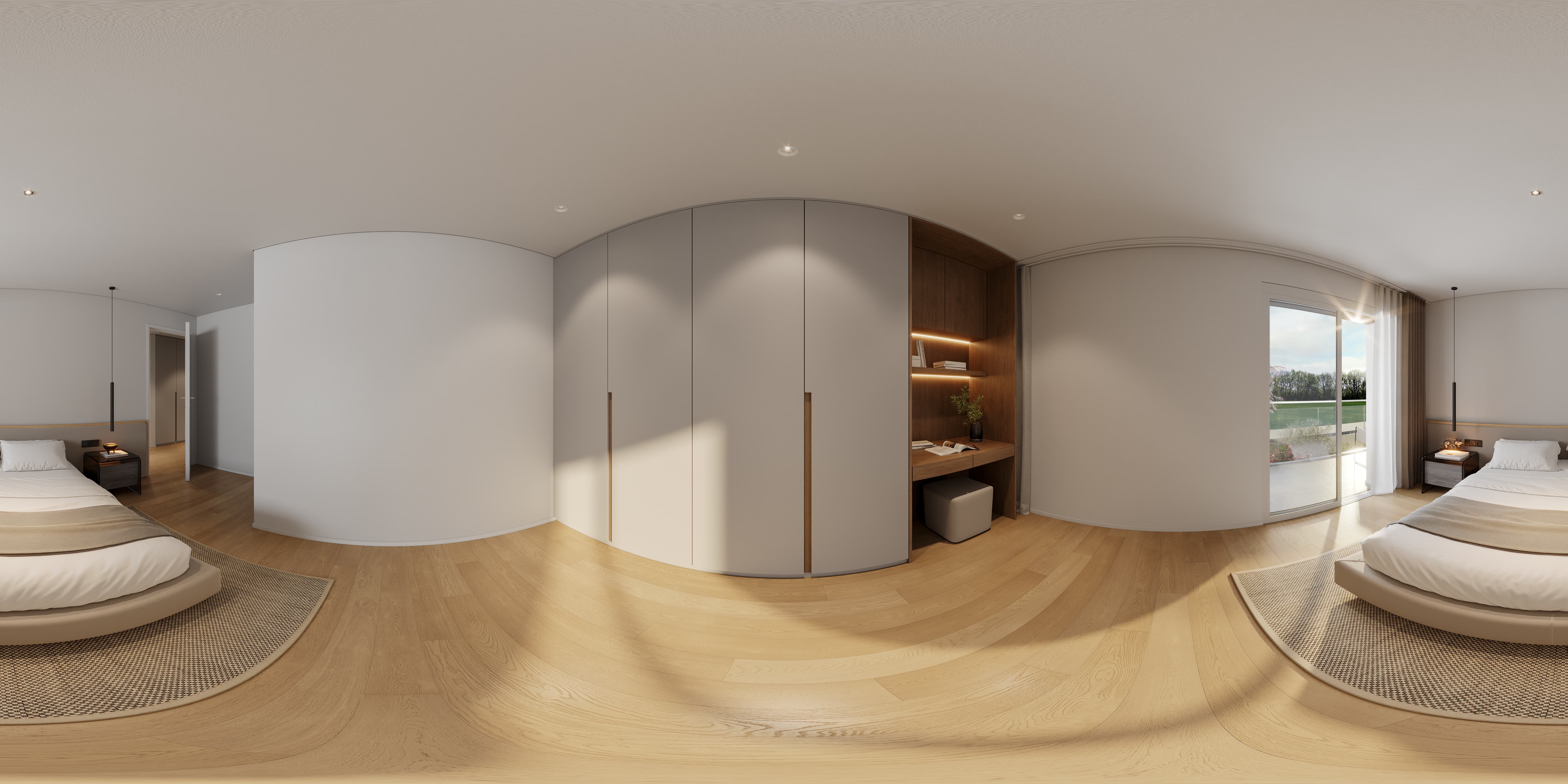 Modern bedroom with two beds, wooden floor, built-in wardrobe, desk, and a balcony door with outdoor view.