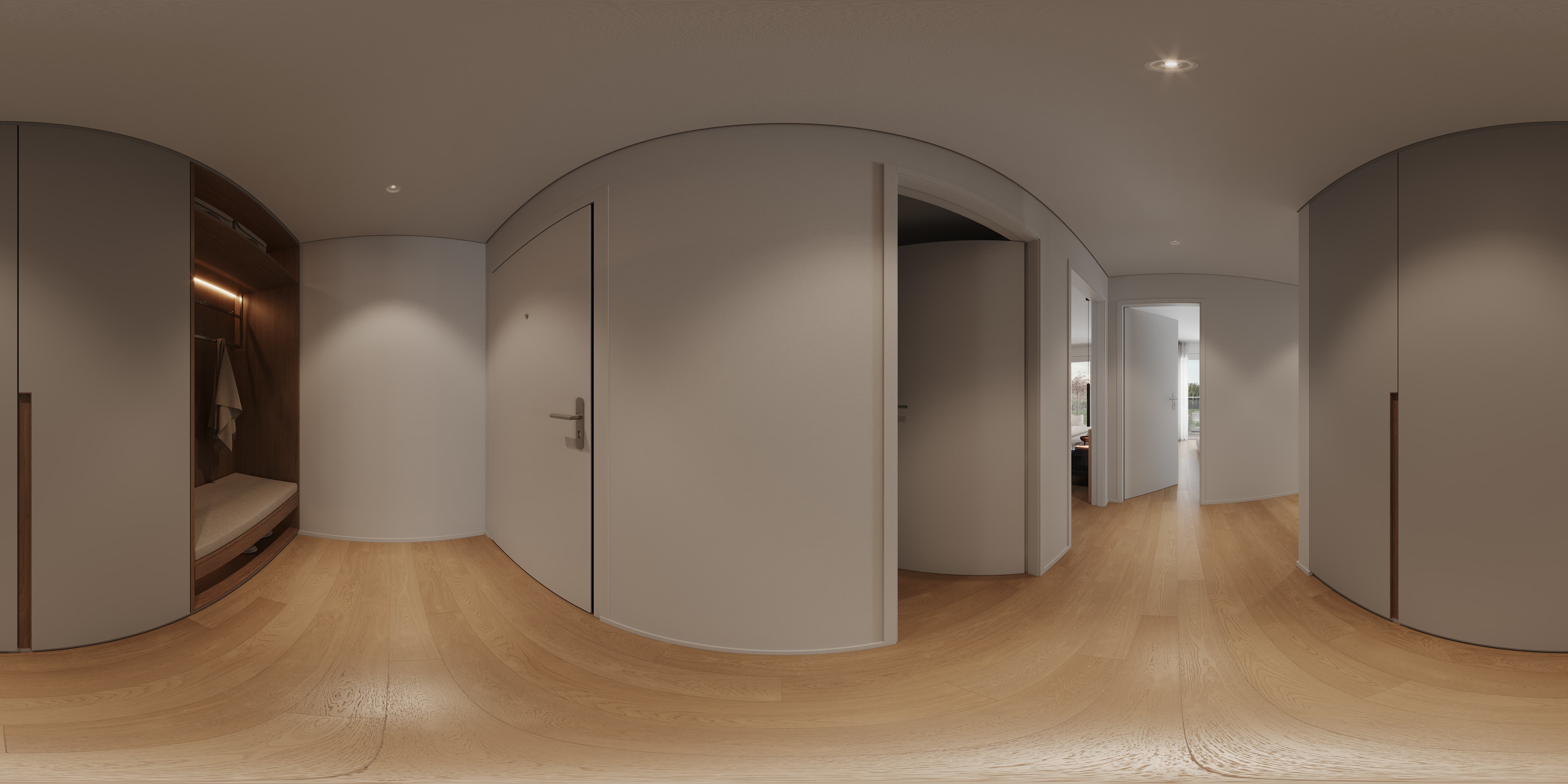 Modern hallway with wood flooring, built-in closets, a door bench, and multiple open doors.