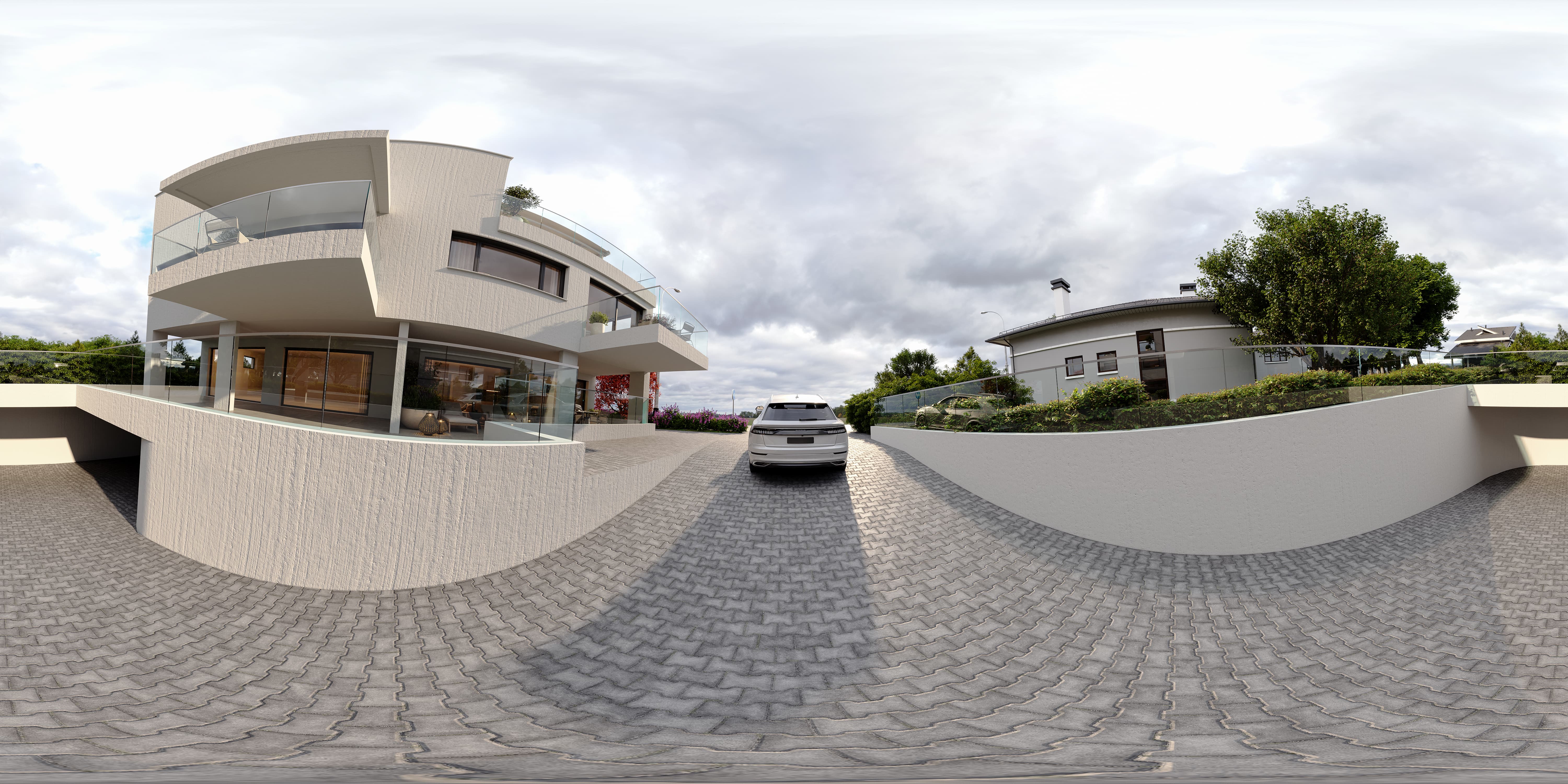 Modern white house with glass balconies and a white SUV parked on a paved driveway under cloudy sky.