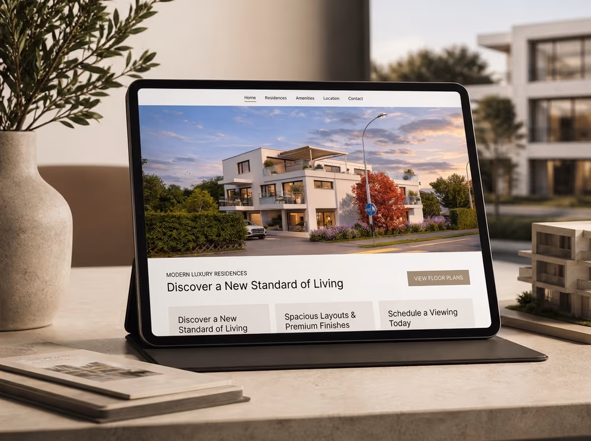 Tablet on table shows modern luxury residences website with a three-story white house image.