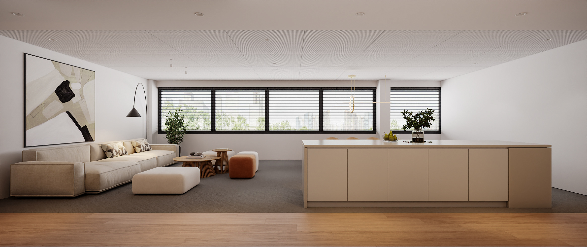 Lounge and kitchen in soft daylight