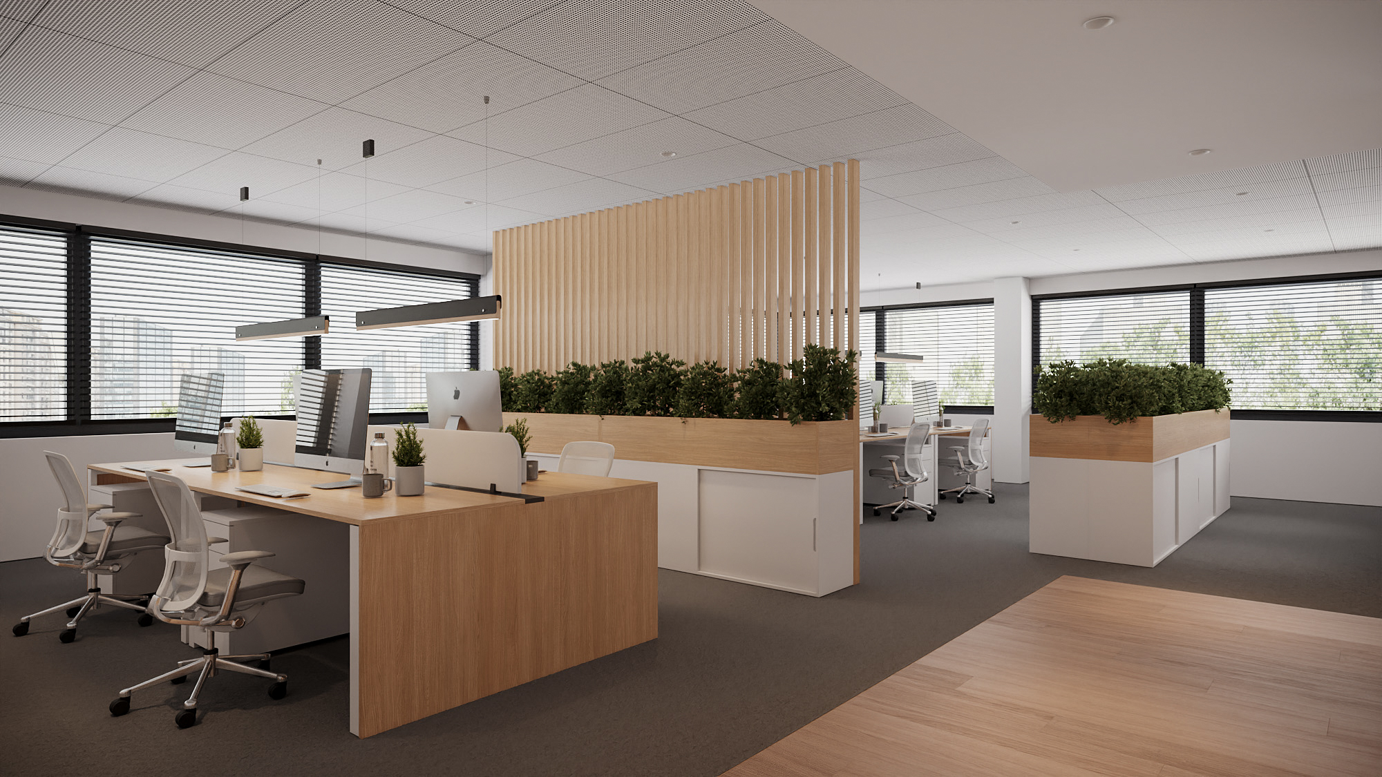 Open workspace with timber dividers in Büro Zürich