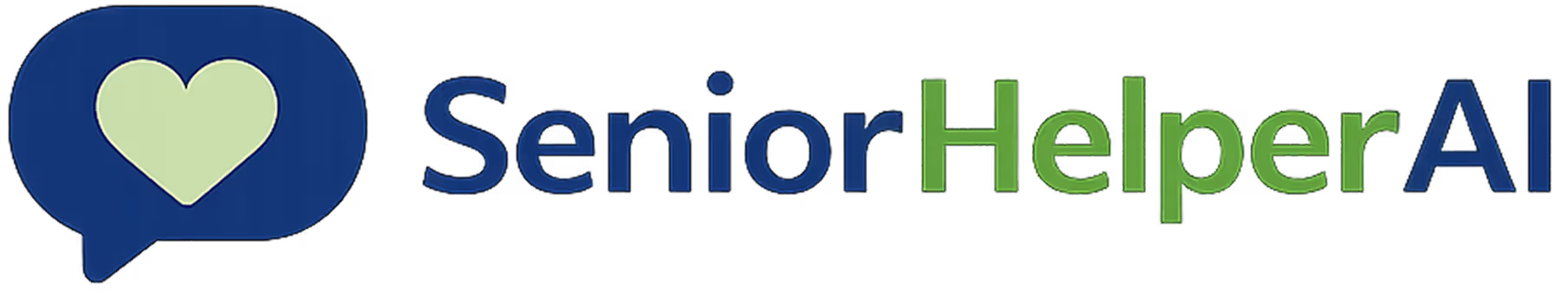 Logo showing a blue speech bubble with a green heart and the text SeniorHelperAI in blue and green.