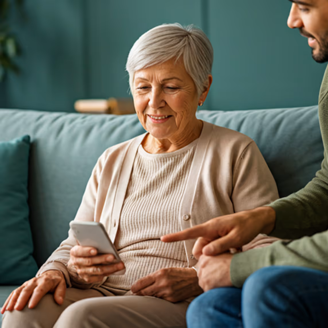 Elderly woman smiling while looking at phone, man beside her pointing at the screen on a couch.