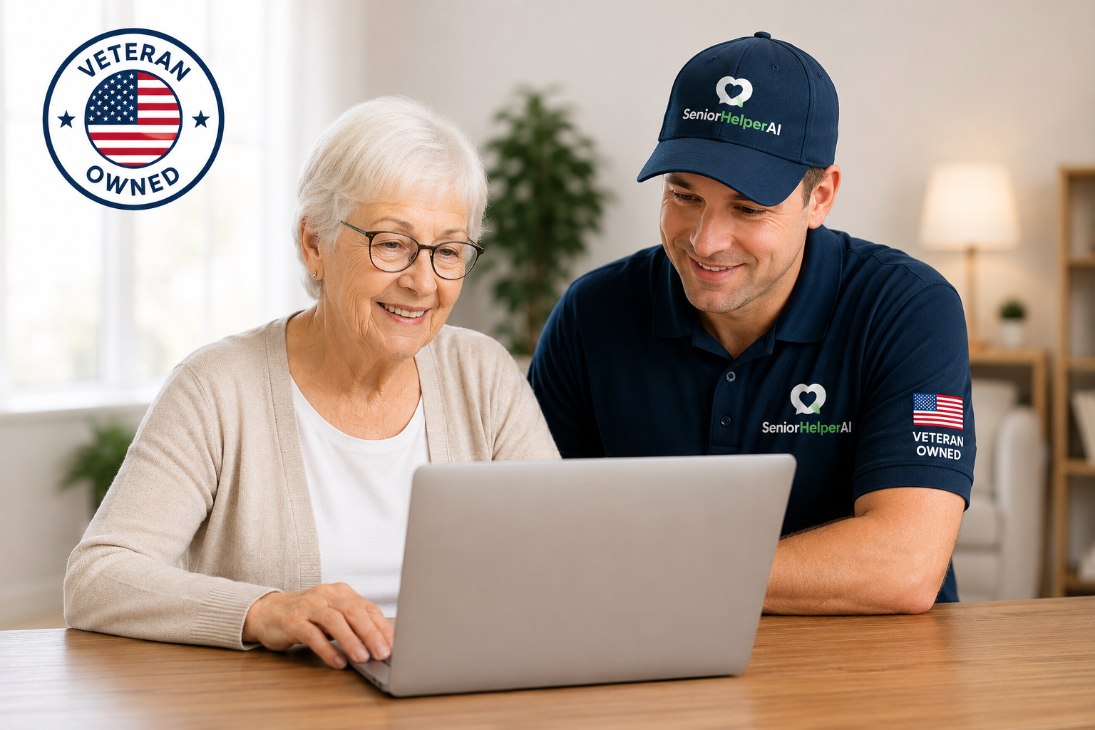 Senior receiving friendly tech support from veteran owned business