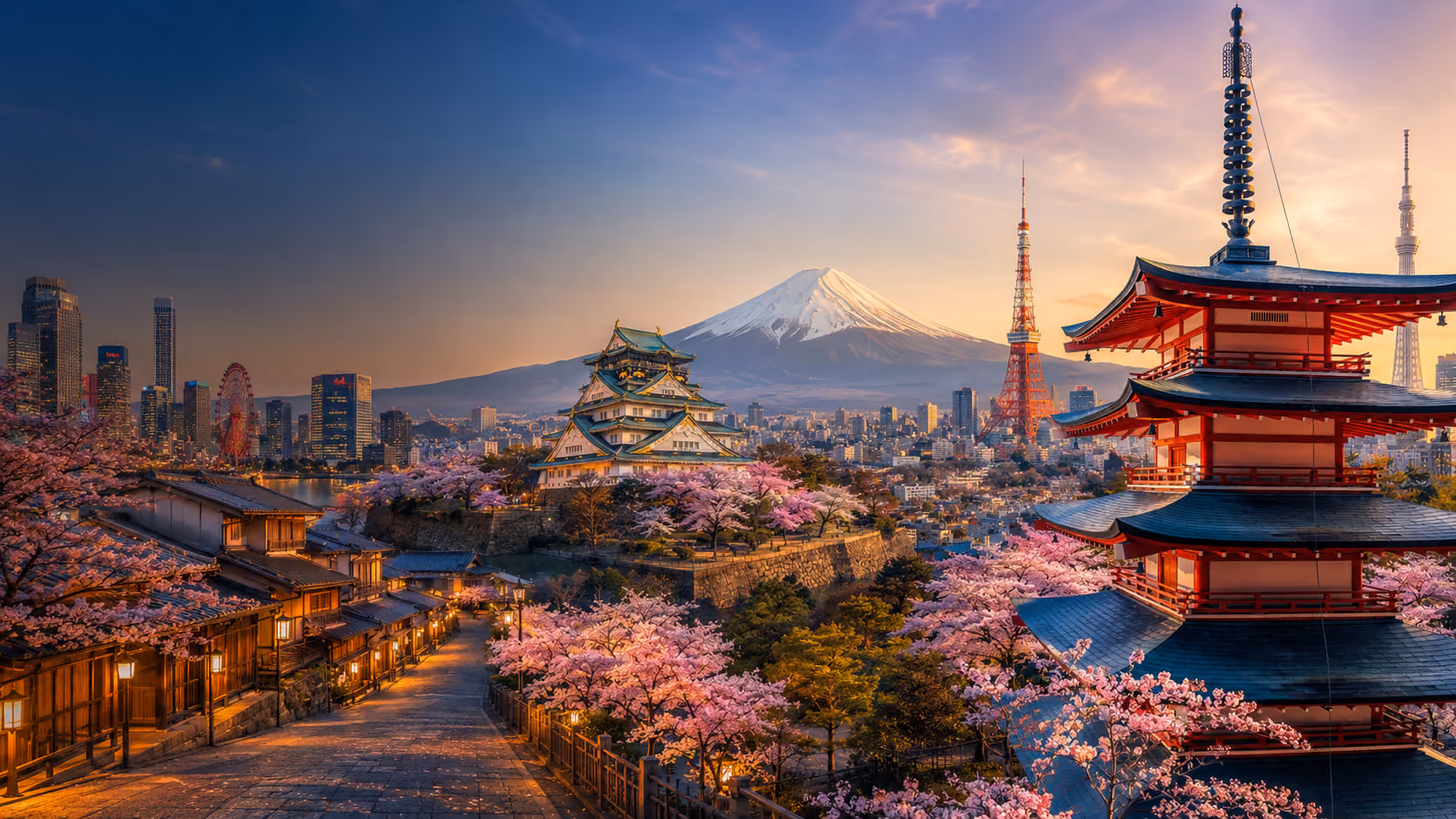 Flores de cerezo, templo japonés y Monte Fuji al atardecer
