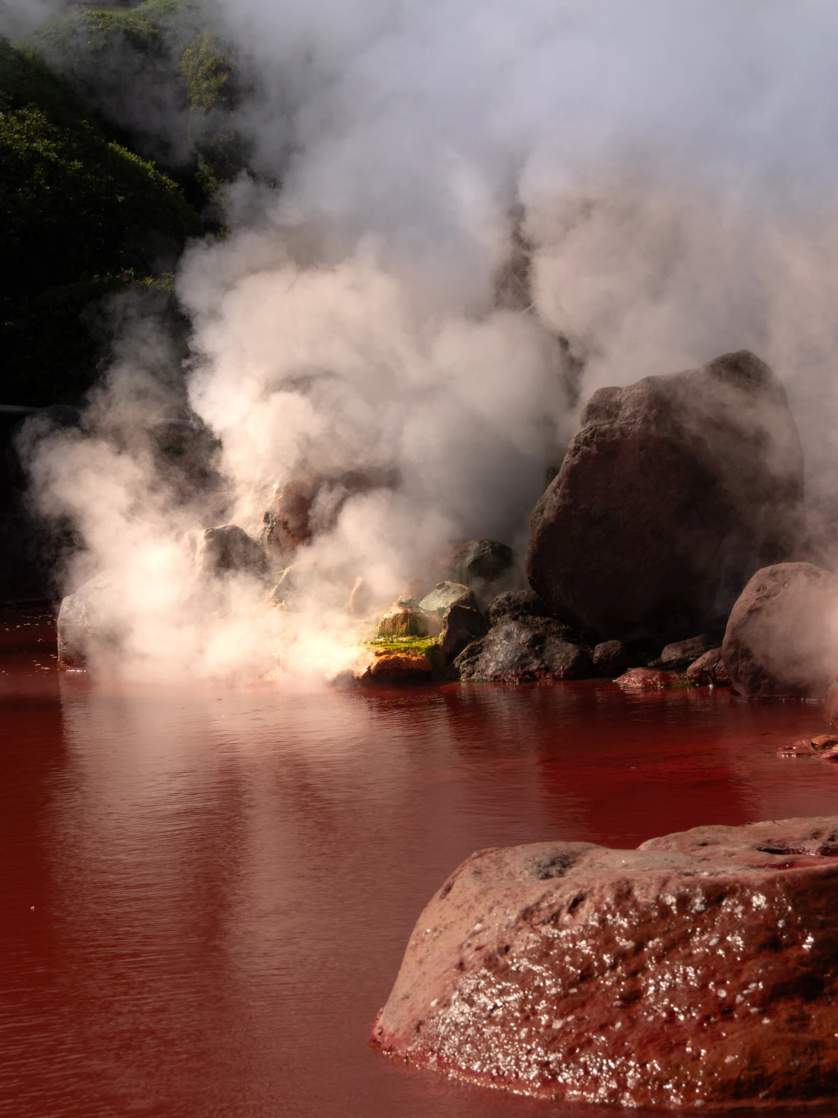 Vapor elevándose de una fuente termal natural humeante en Japón