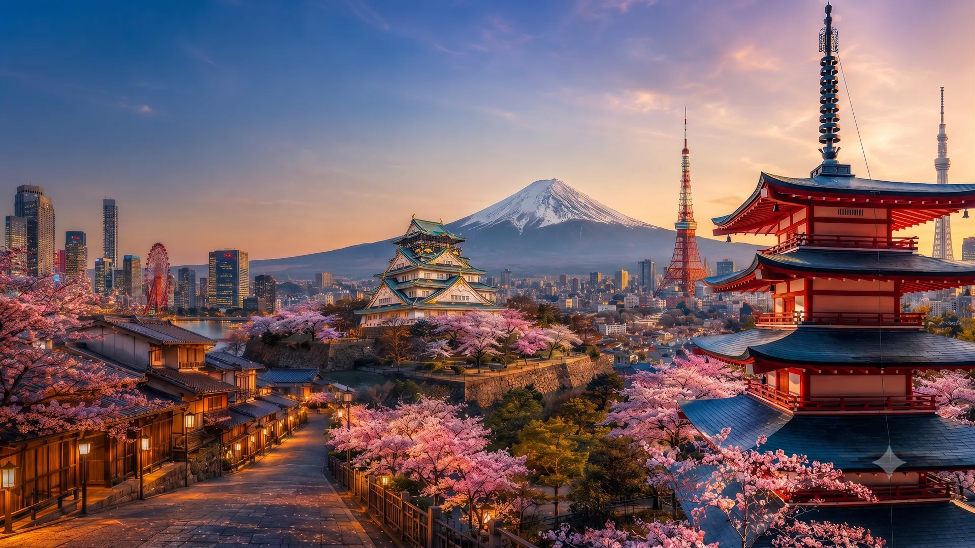 Castillo de Osaka, el Monte Fuji y la Torre de Tokio entre cerezos en flor, Japón