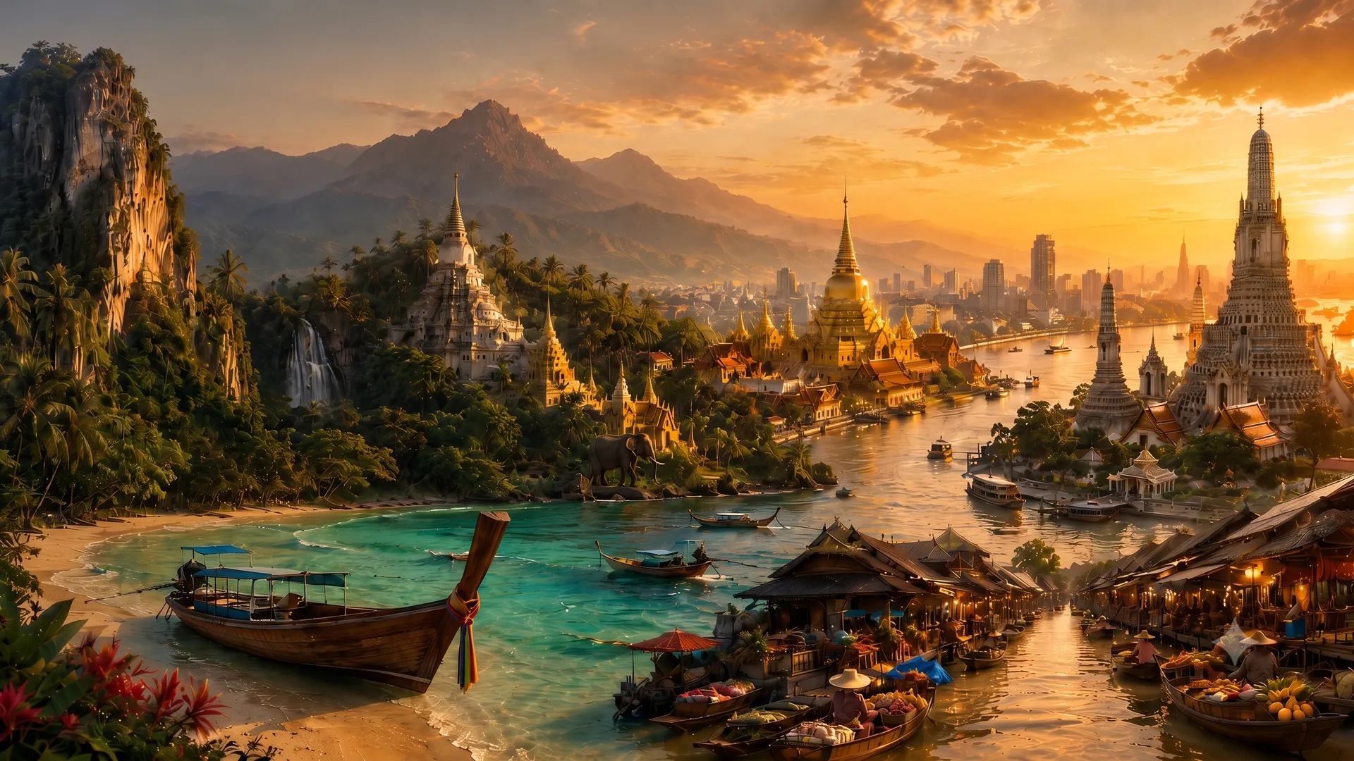 Templos dorados y Wat Arun junto al mercado flotante de Bangkok, Tailandia
