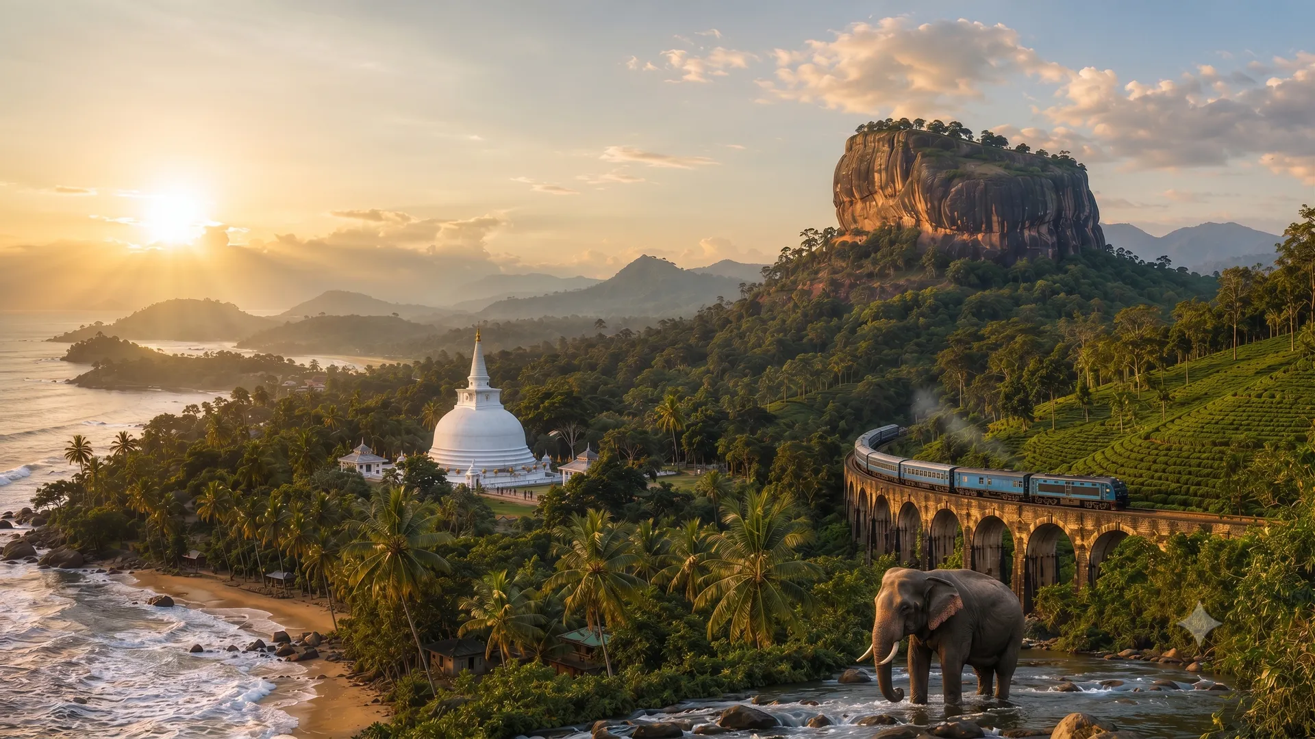 Roca de Sigiriya, el tren de té y un elefante junto a la costa al atardecer, Sri Lanka
