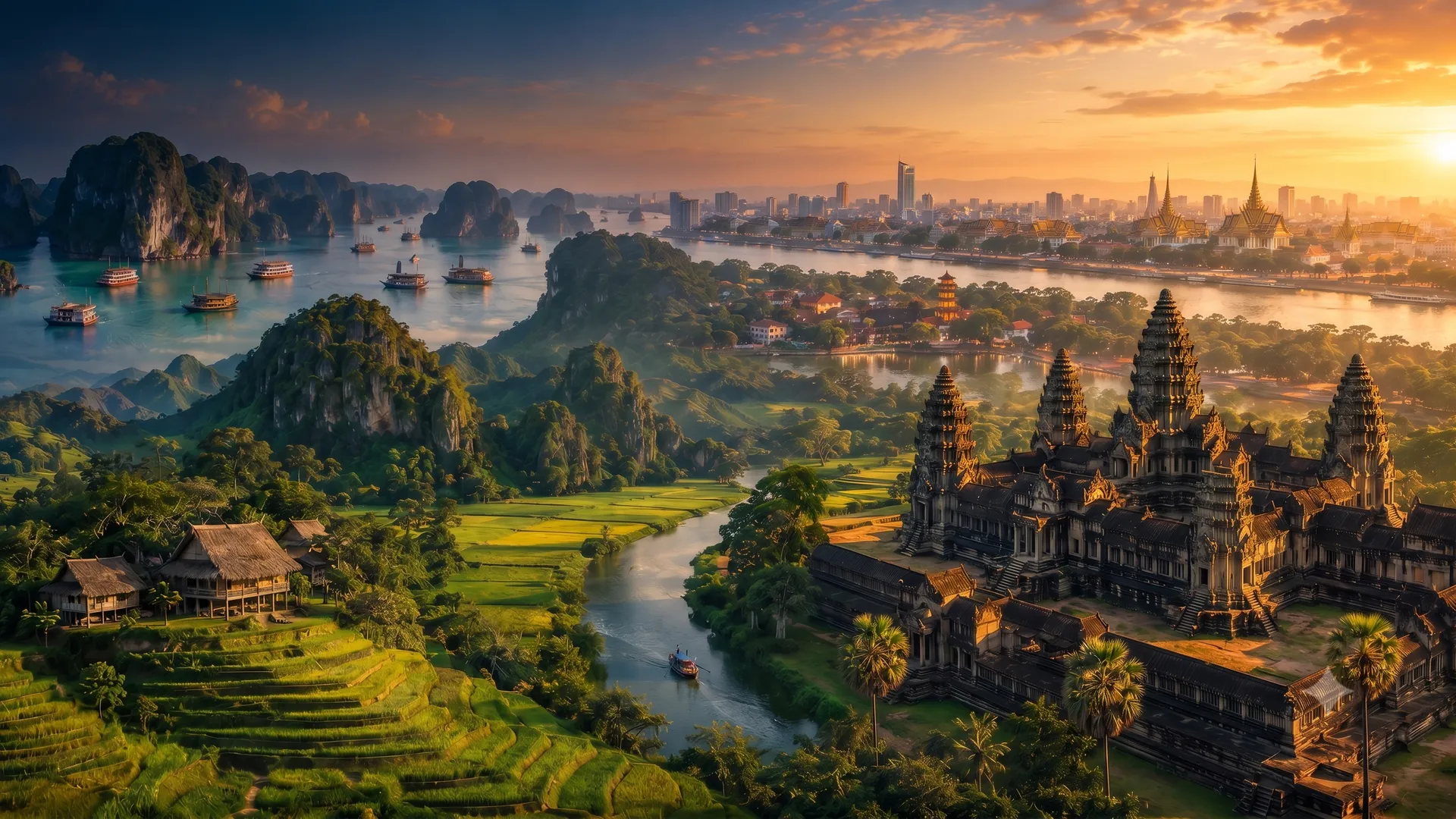 Bahía de Ha Long y los templos de Angkor Wat al atardecer, Vietnam y Camboya