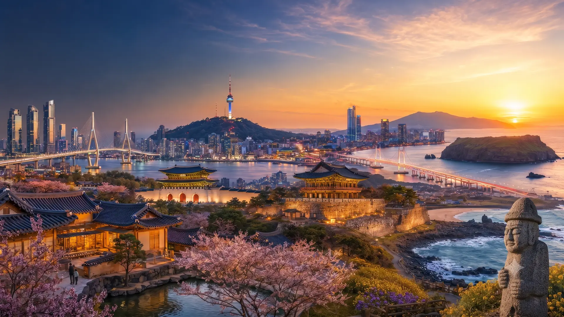 Skyline de Busan con Haeundae, un palacio tradicional y un templo junto al mar, Corea