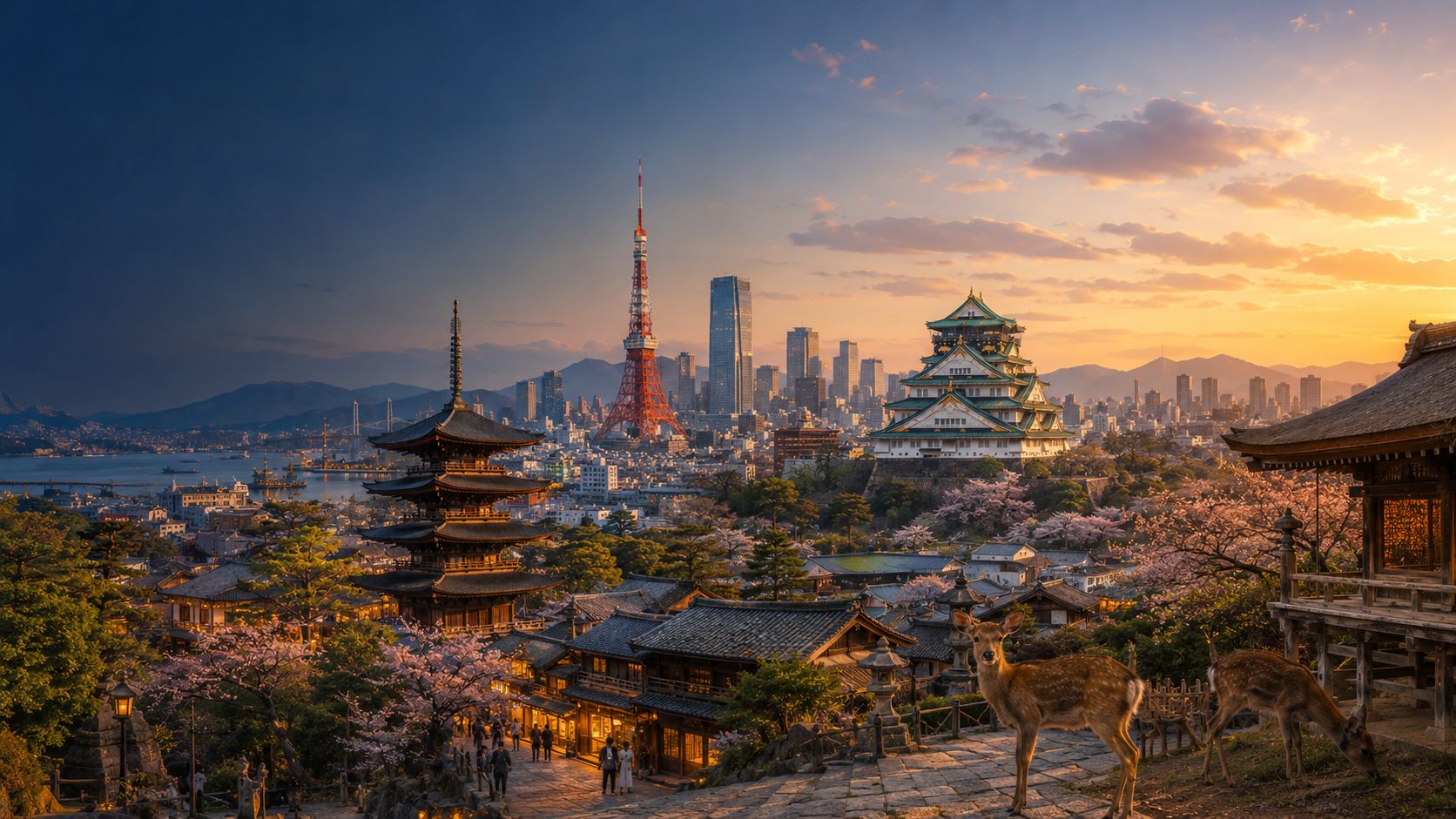 Skyline ilustrado de Japón al atardecer con la Torre de Tokio, una pagoda tradicional, el castillo de Osaka, cerezos en flor y ciervos de Nara