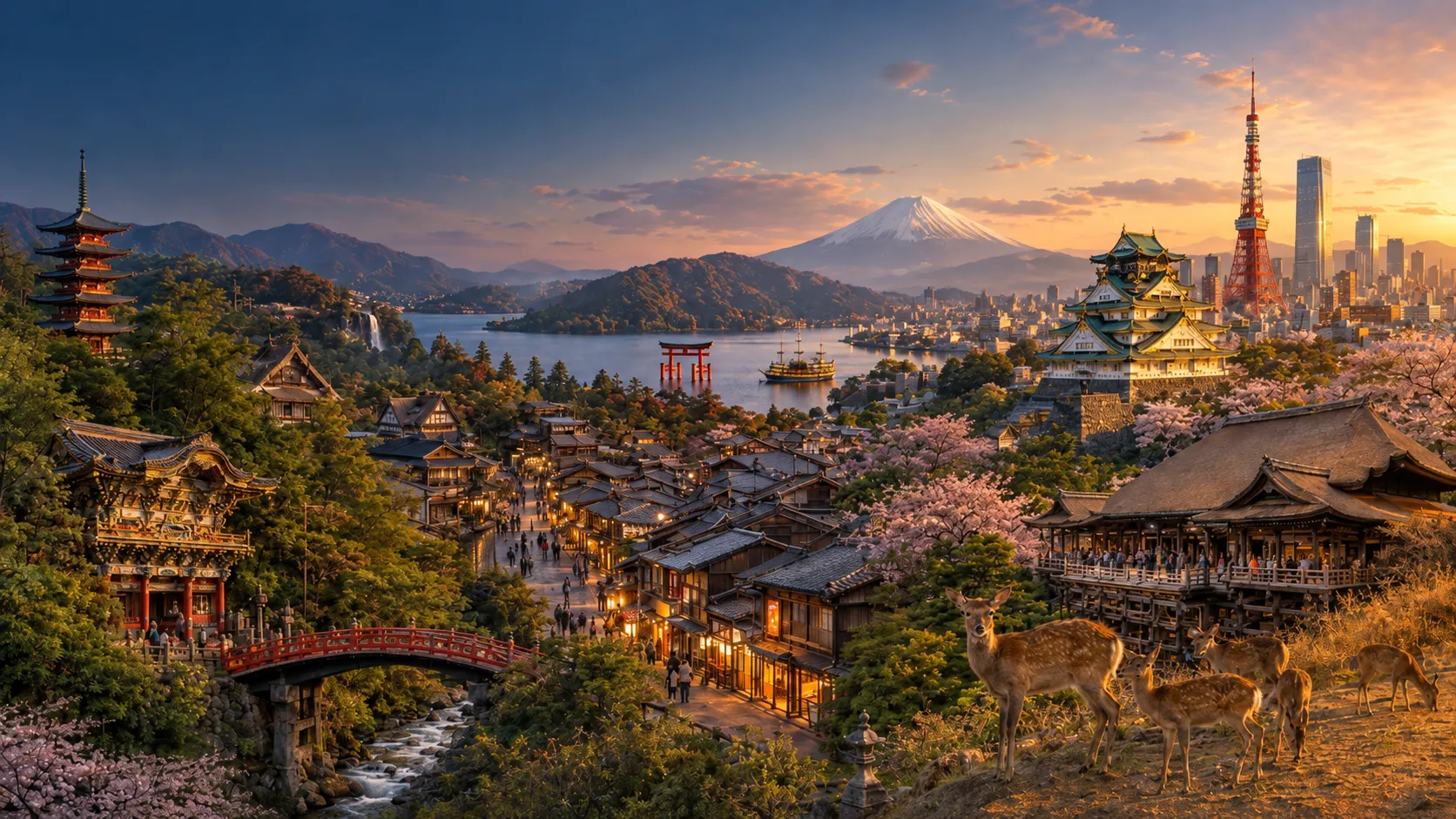 Templos, castillos y paisajes tradicionales de Japón al atardecer
