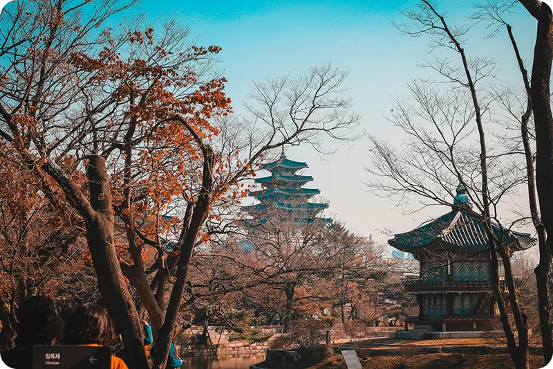 Palacio en Corea rodeado de árboles con hojas de otoño
