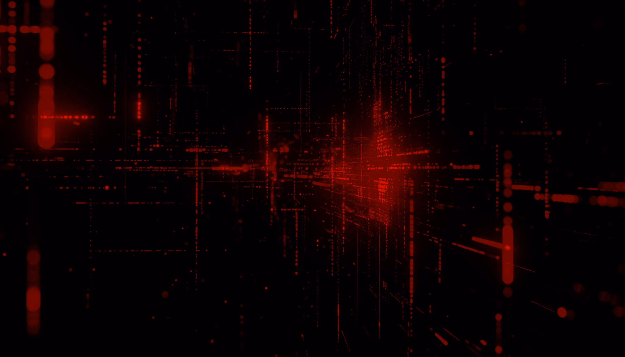 Abstract digital grid with glowing red lines and dots on a black background.