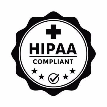 Black HIPAA Compliant seal badge with a medical cross and checkmark.