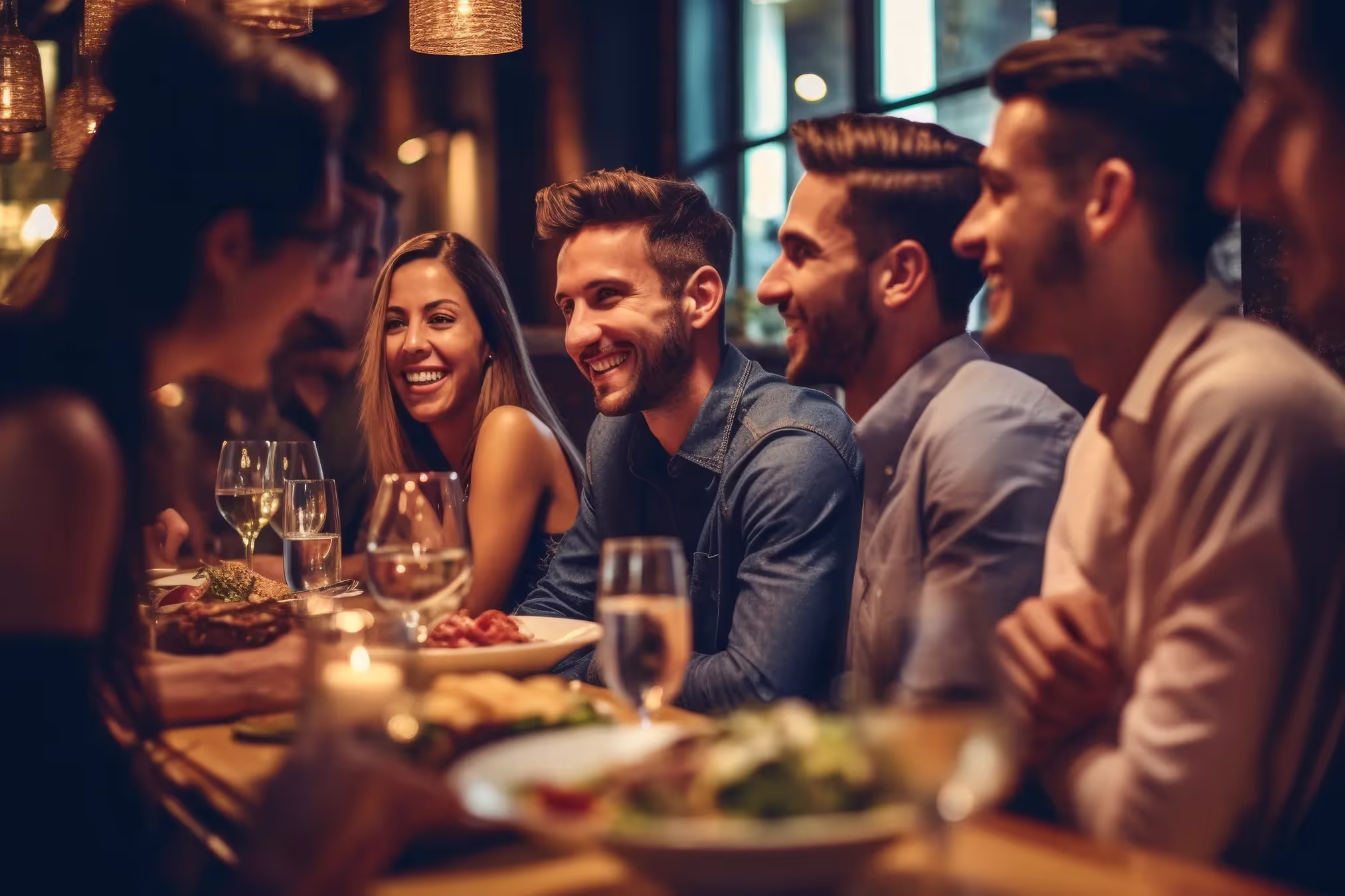 Group of friends laughing and sharing dinner and wine around a candlelit table.
