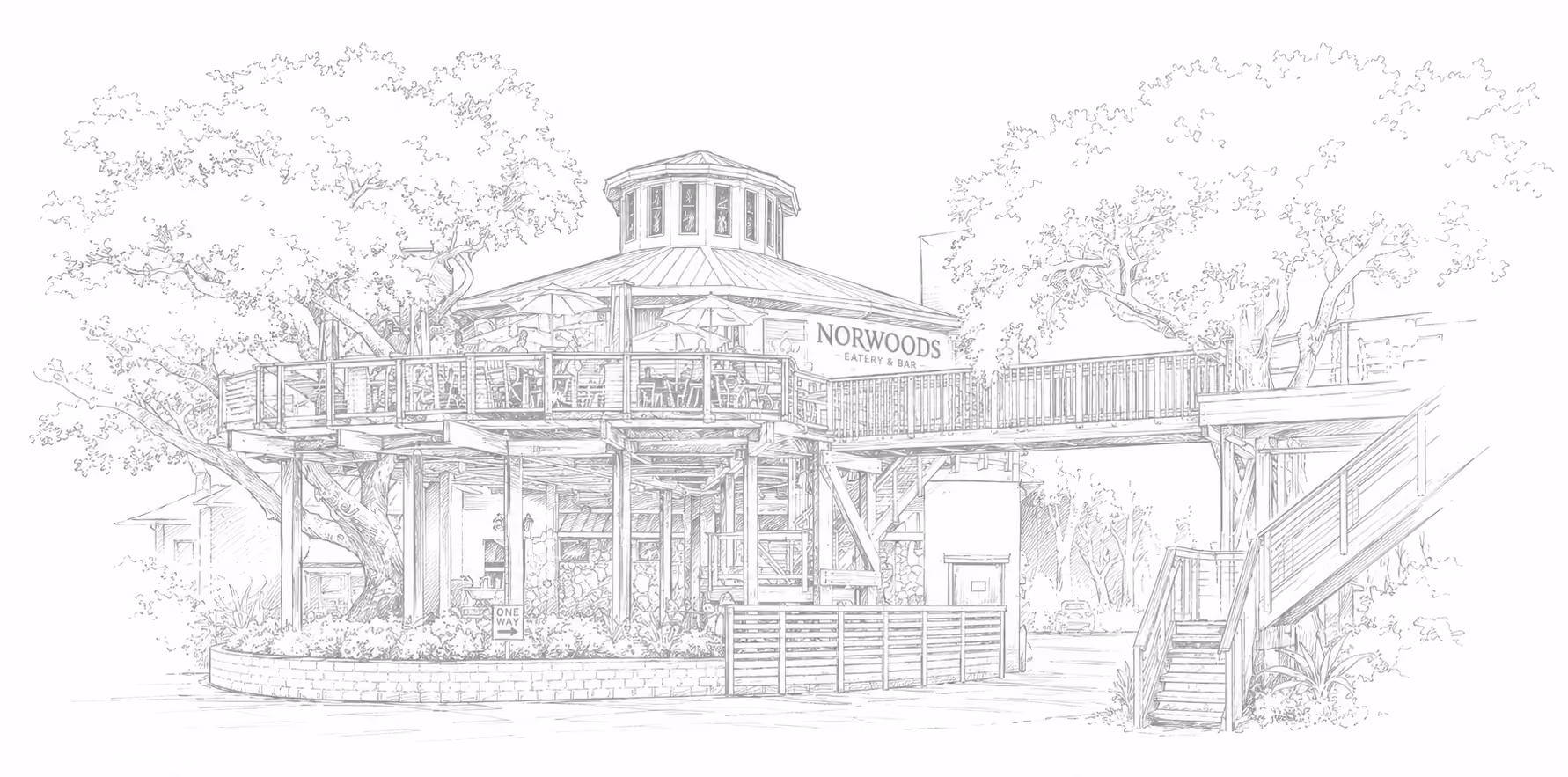 Detailed sketch of Norwoods Eatery & Bar with elevated patio, stairs, and surrounding trees.